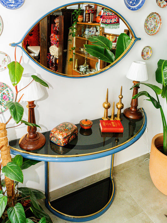 Vintage Italian Style Blue Lacquer & Brass Console Table with Matching Mirror, c. 1970s–1980s