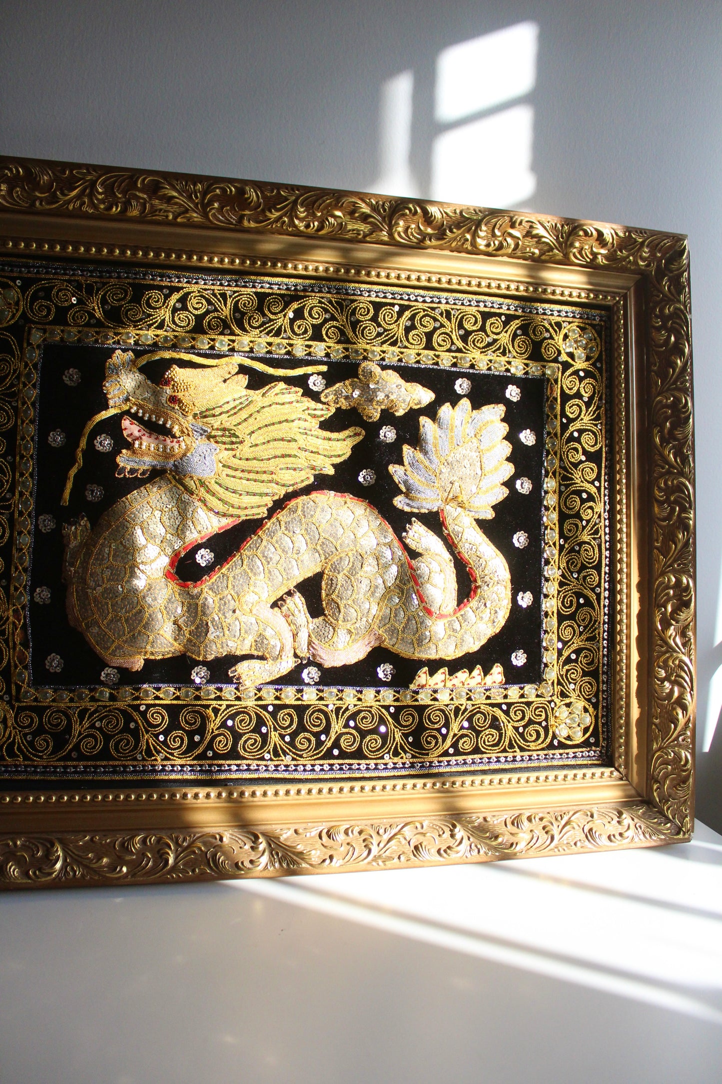 Large Burmese Silver Framed Dragons Textiles