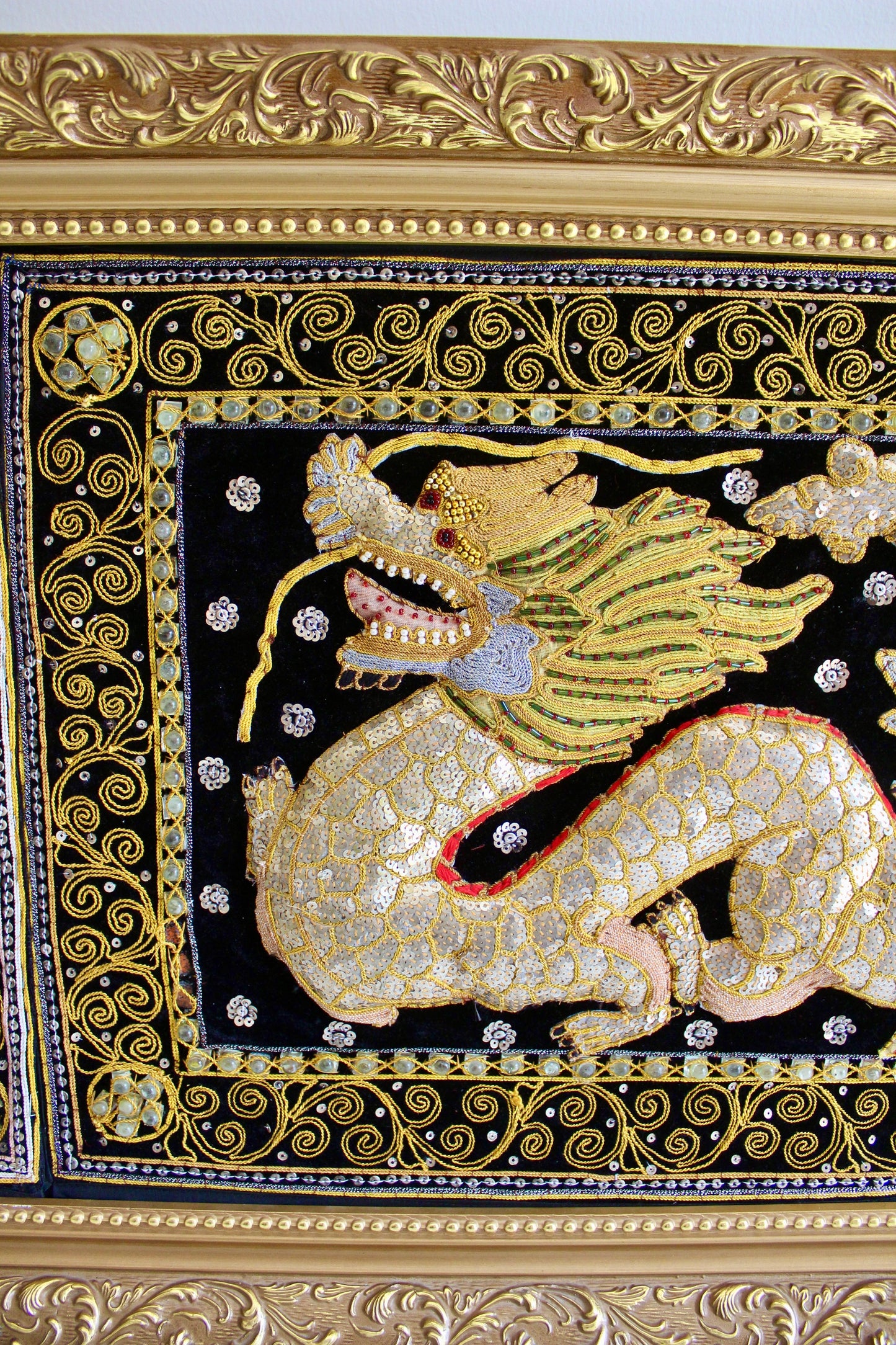 Large Burmese Silver Framed Dragons Textiles