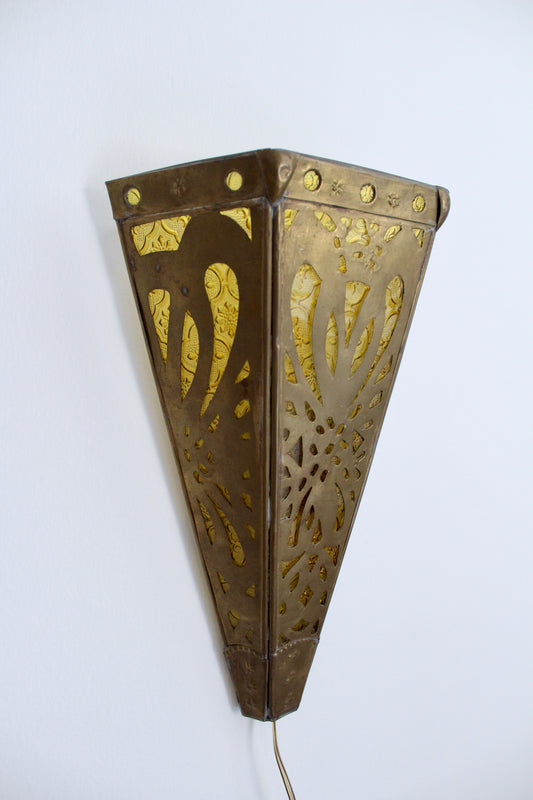 Vintage Indian Brass and Stained Glass Wall Sconce