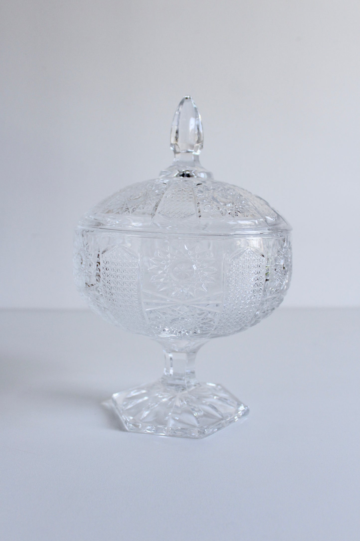 Vintage Mid Century Pressed Glass Pedestal Candy Dish with Lid – Starburst Pattern
