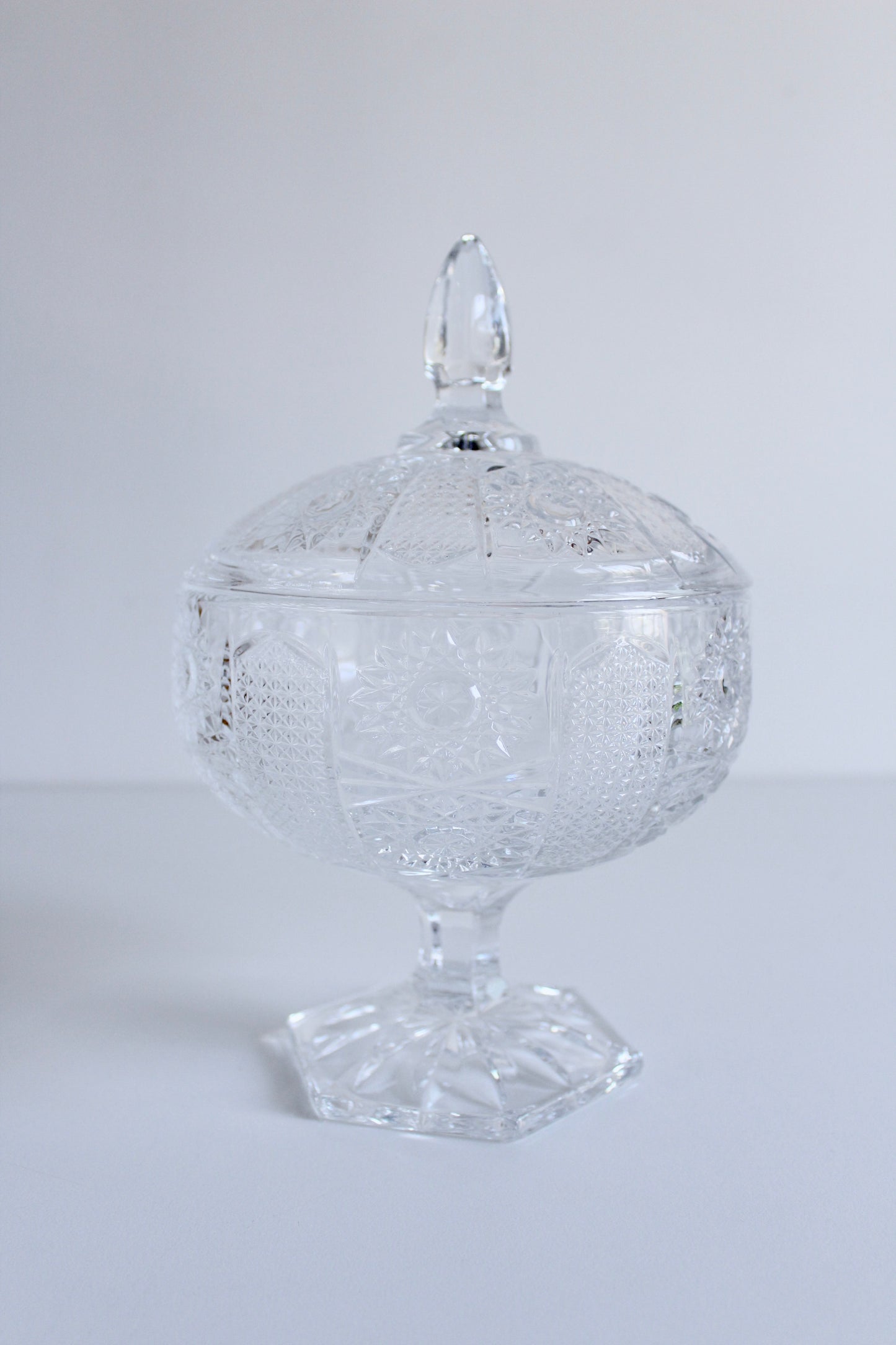 Vintage Mid Century Pressed Glass Pedestal Candy Dish with Lid – Starburst Pattern