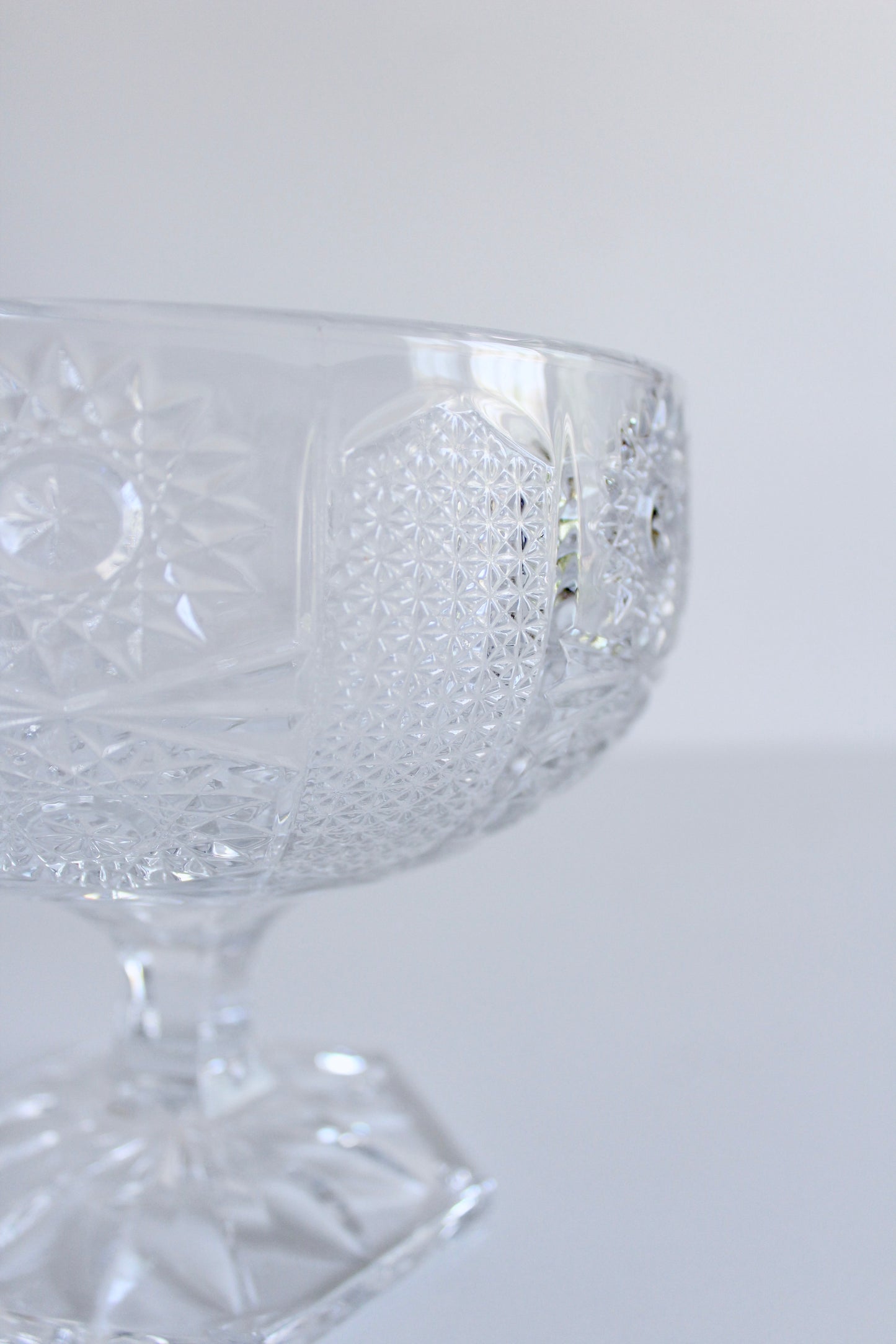 Vintage Mid Century Pressed Glass Pedestal Candy Dish with Lid – Starburst Pattern