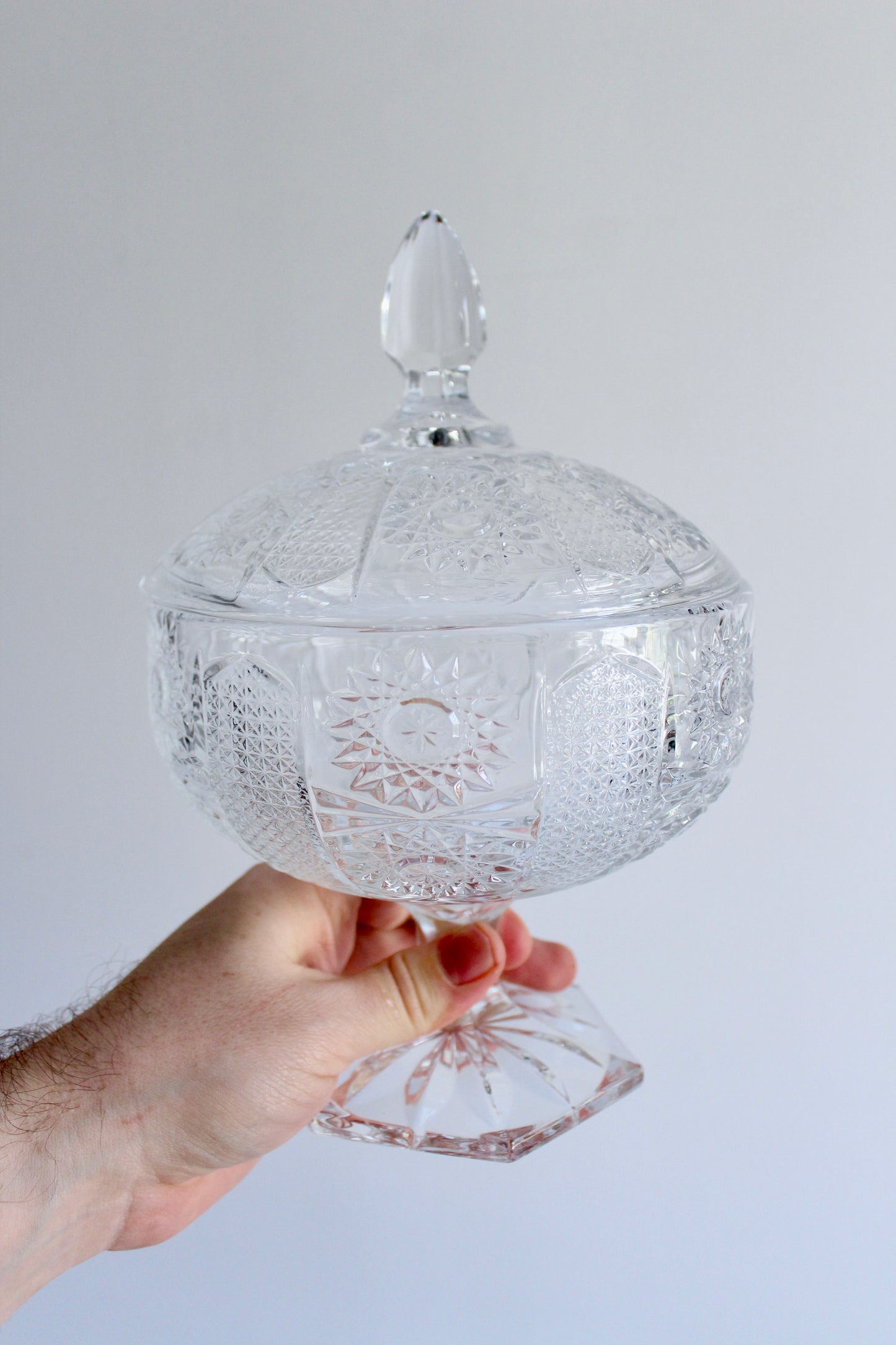 Vintage Mid Century Pressed Glass Pedestal Candy Dish with Lid – Starburst Pattern