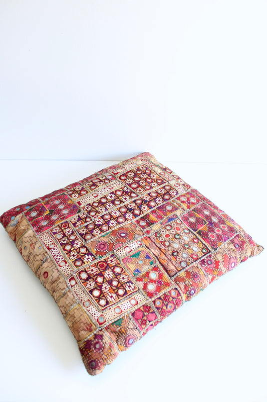 Vintage Indian Patchwork Mirror Work Pillow