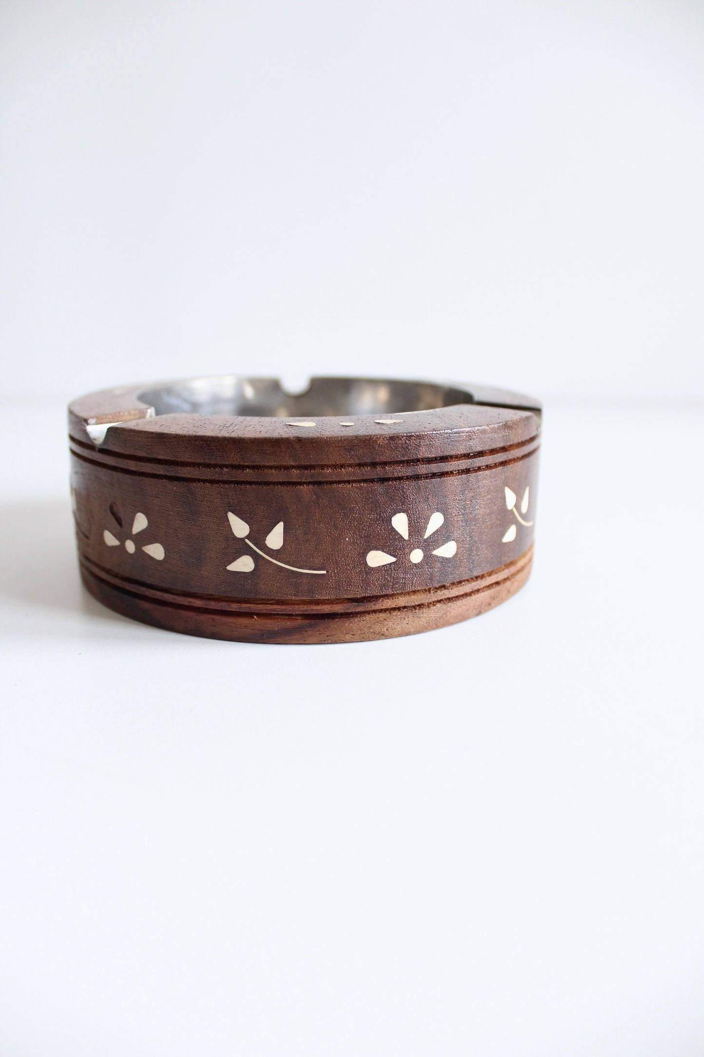 Vintage Indian Rosewood and Bone Inlay Ashtray