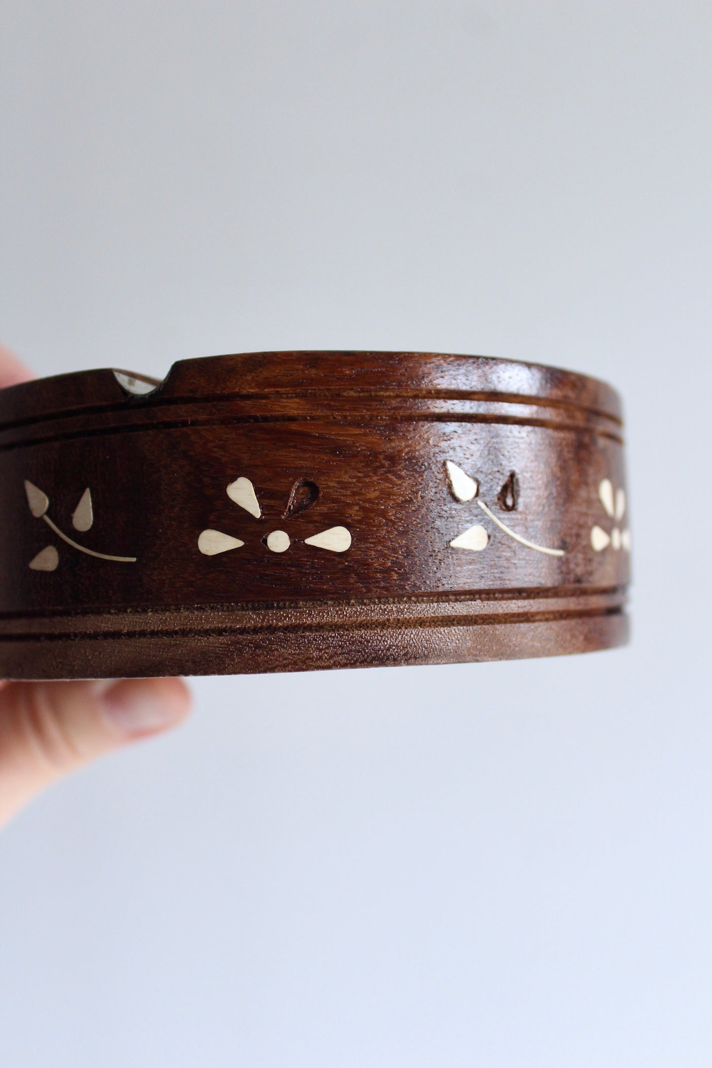 Vintage Indian Rosewood and Bone Inlay Ashtray