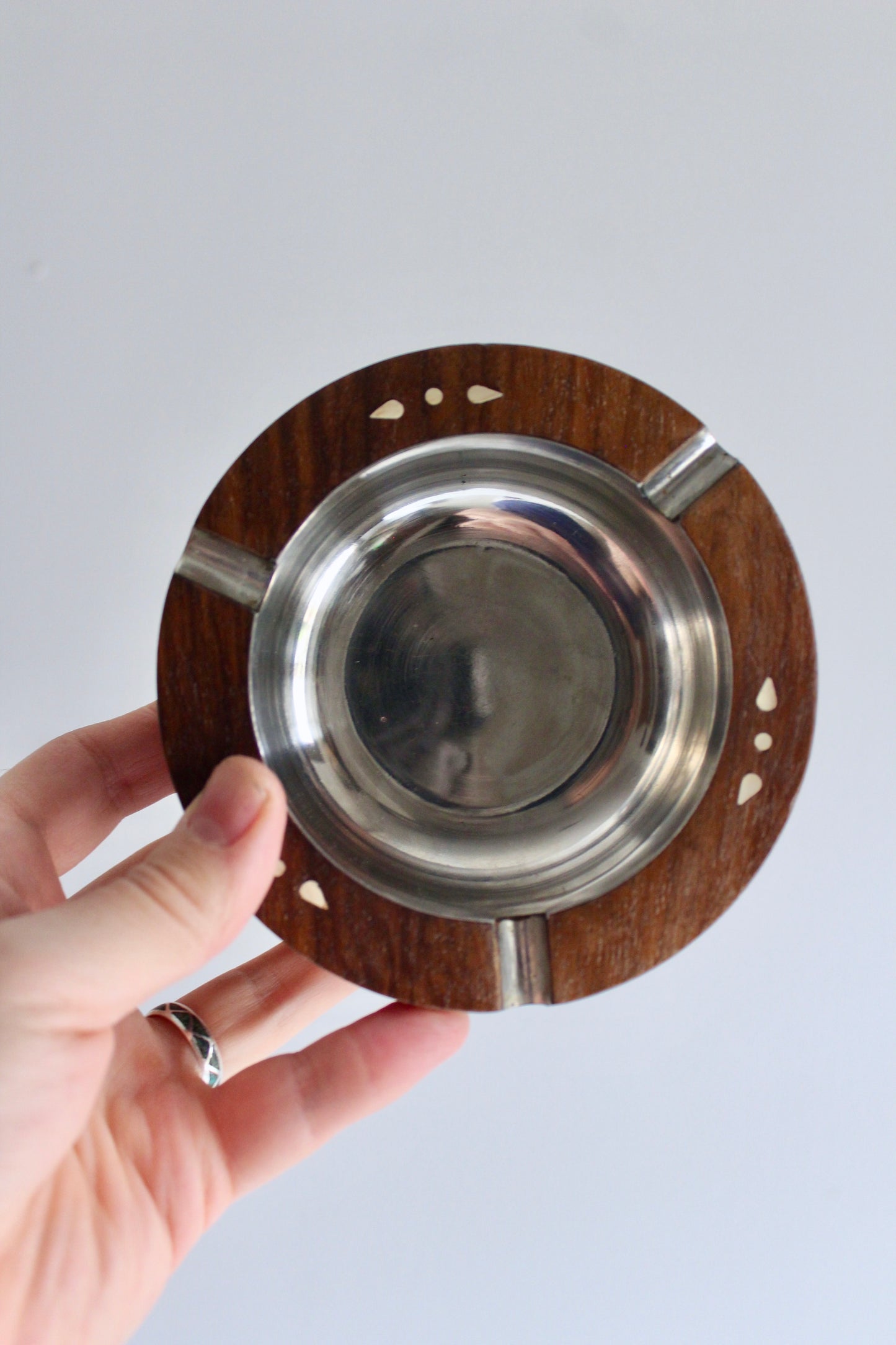 Vintage Indian Rosewood and Bone Inlay Ashtray