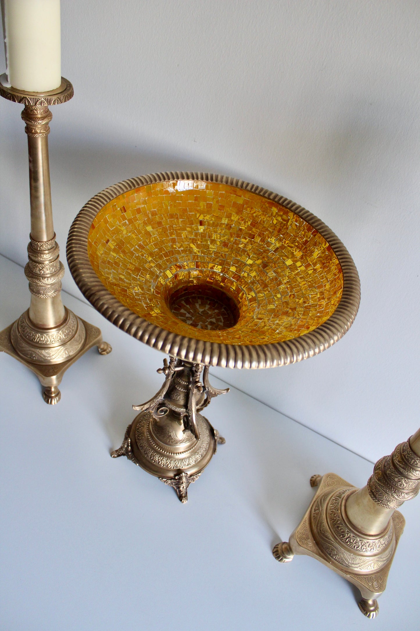 Large Vintage Brass and Mosaic Glass Pedestal Bowl
