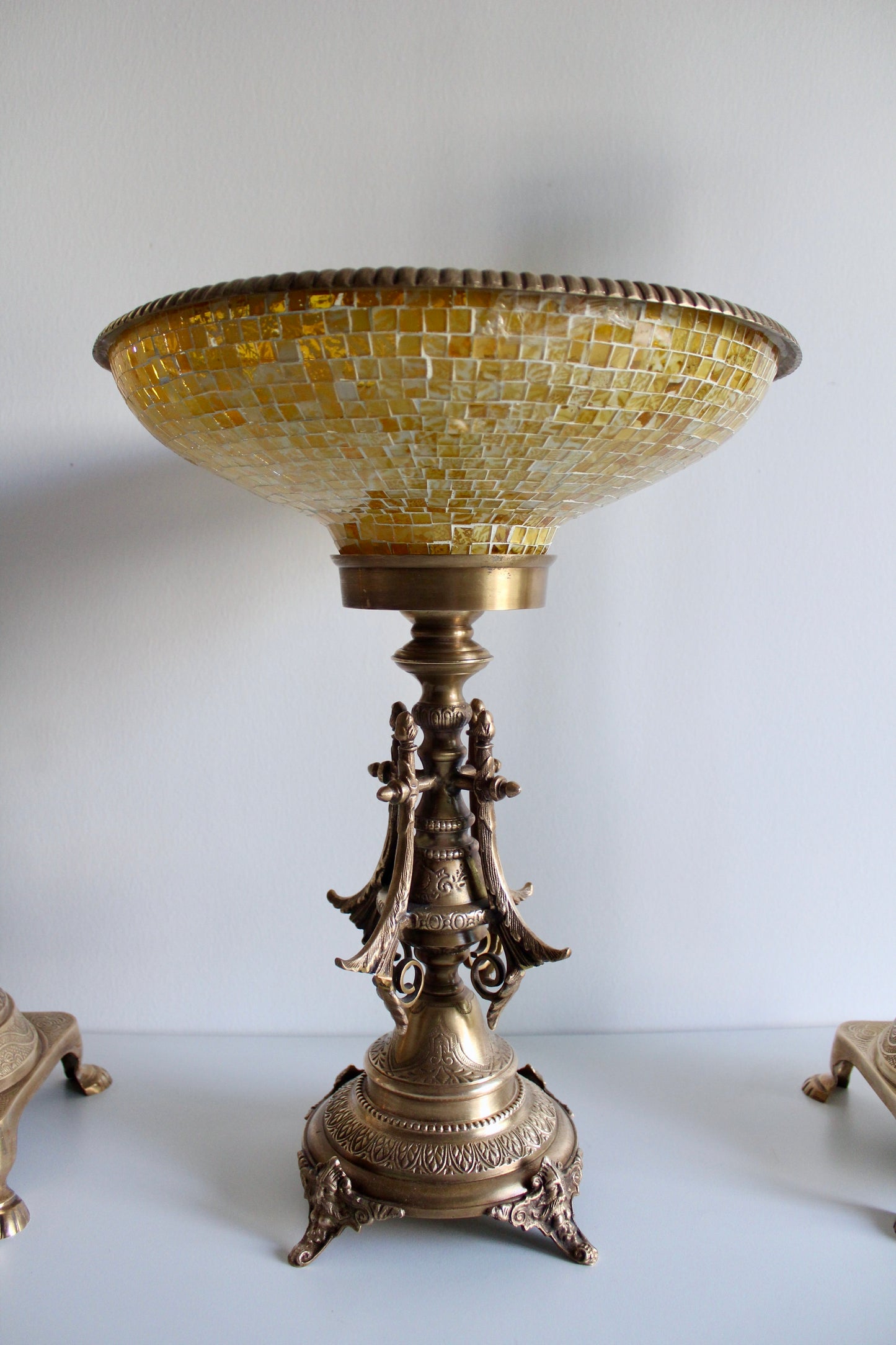 Large Vintage Brass and Mosaic Glass Pedestal Bowl