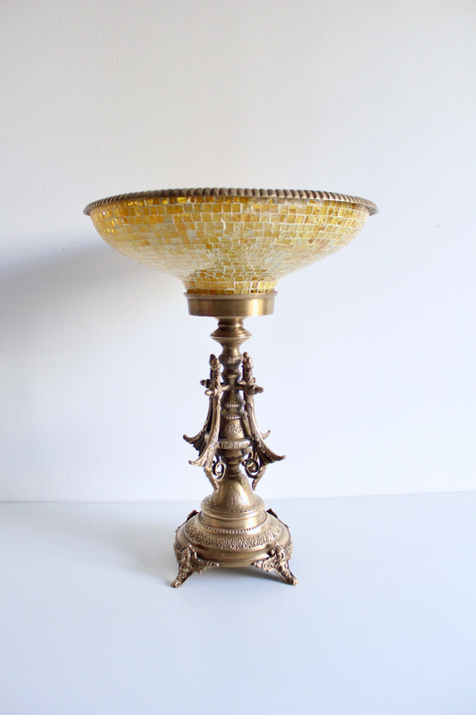 Large Vintage Brass and Mosaic Glass Pedestal Bowl