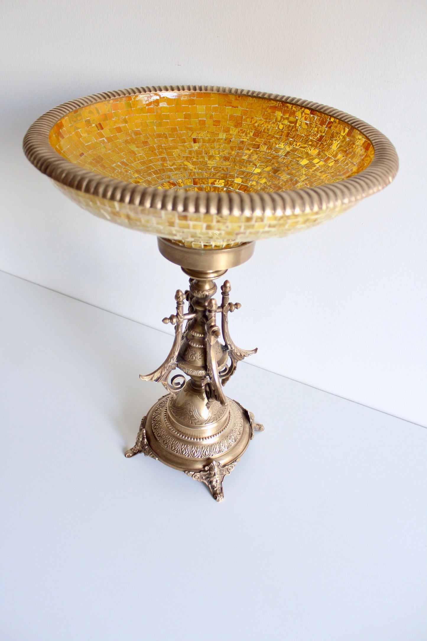 Large Vintage Brass and Mosaic Glass Pedestal Bowl