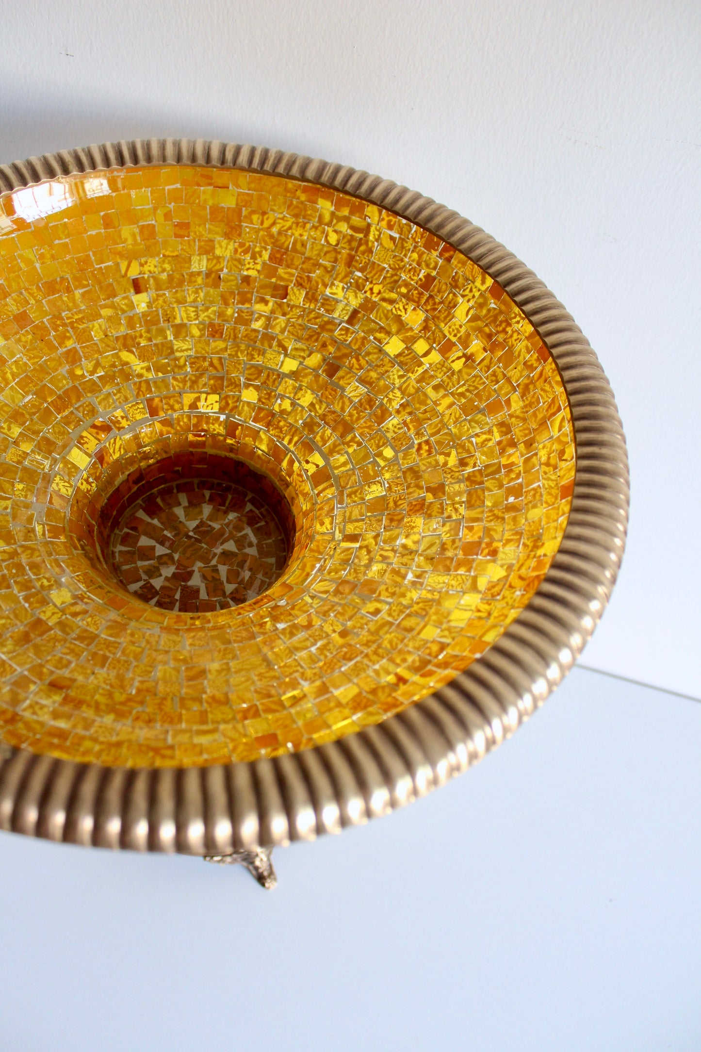 Large Vintage Brass and Mosaic Glass Pedestal Bowl