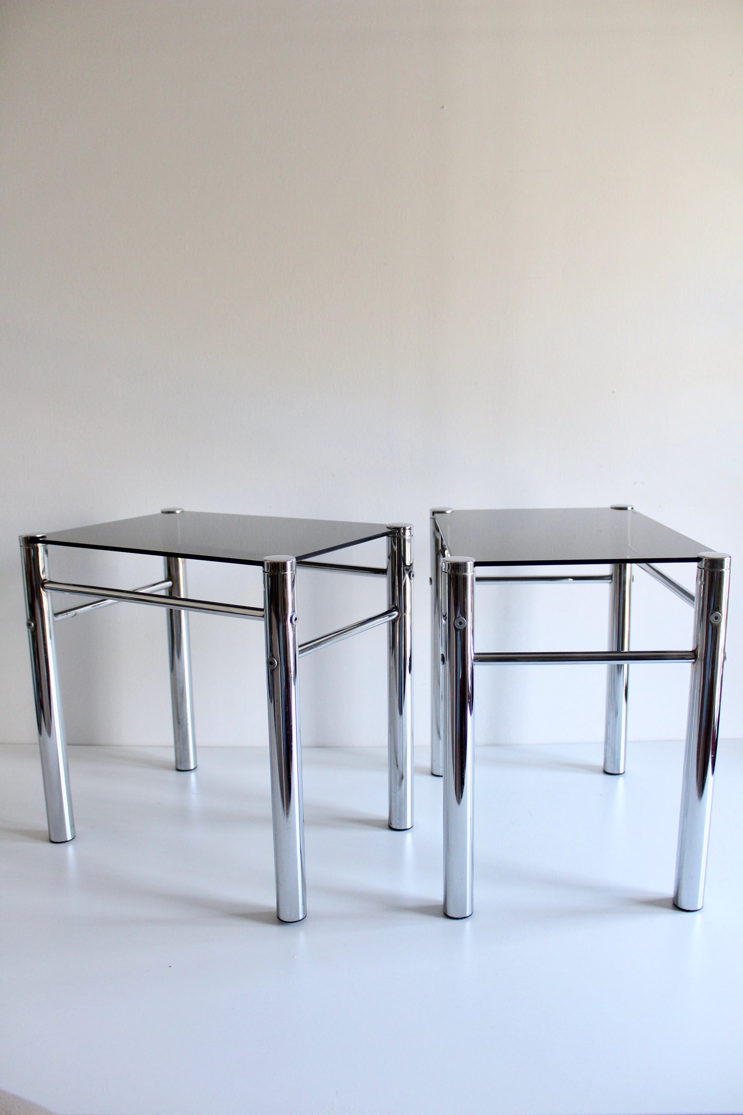 1970s-80s Chrome and Smoked Glass Side Tables