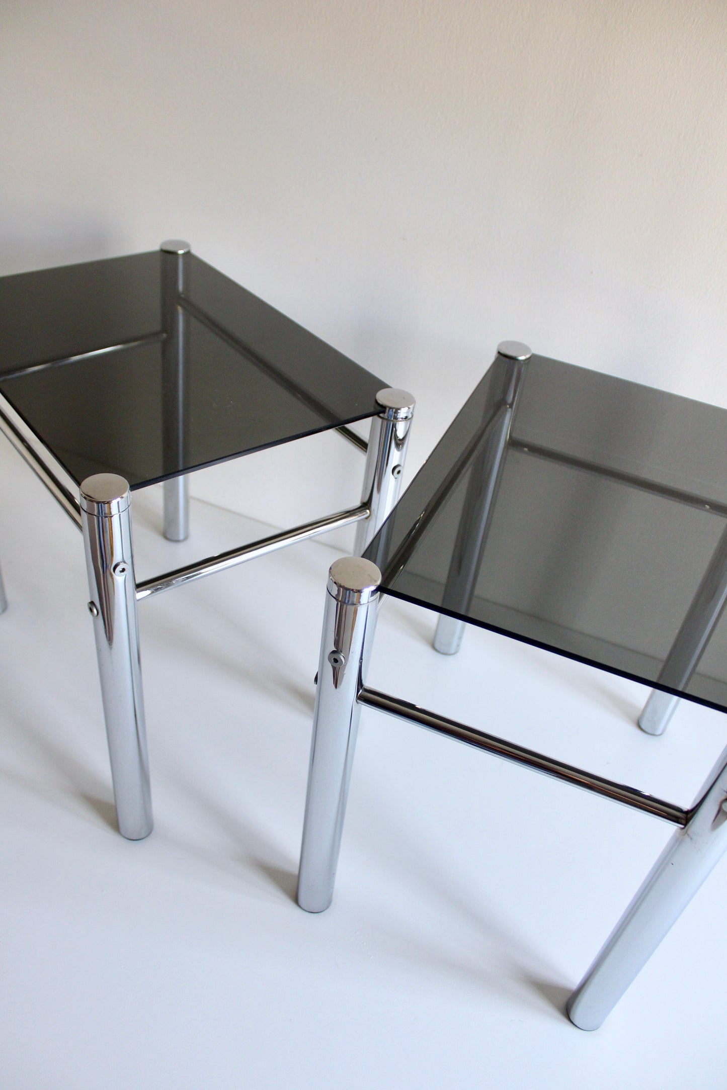 1970s-80s Chrome and Smoked Glass Side Tables