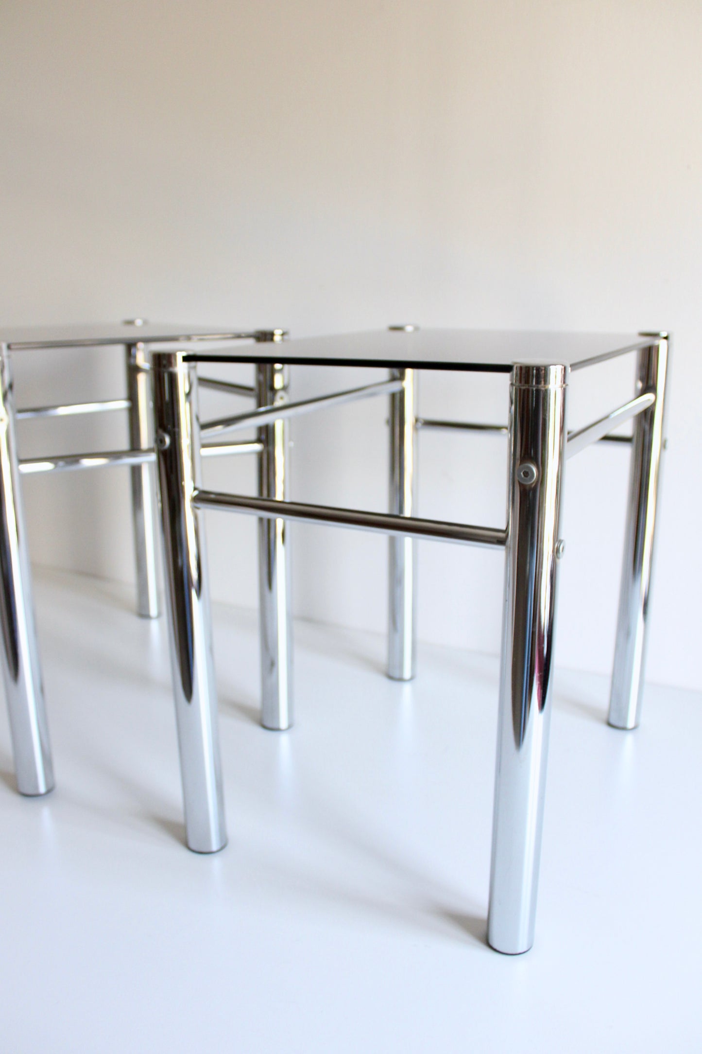 1970s-80s Chrome and Smoked Glass Side Tables