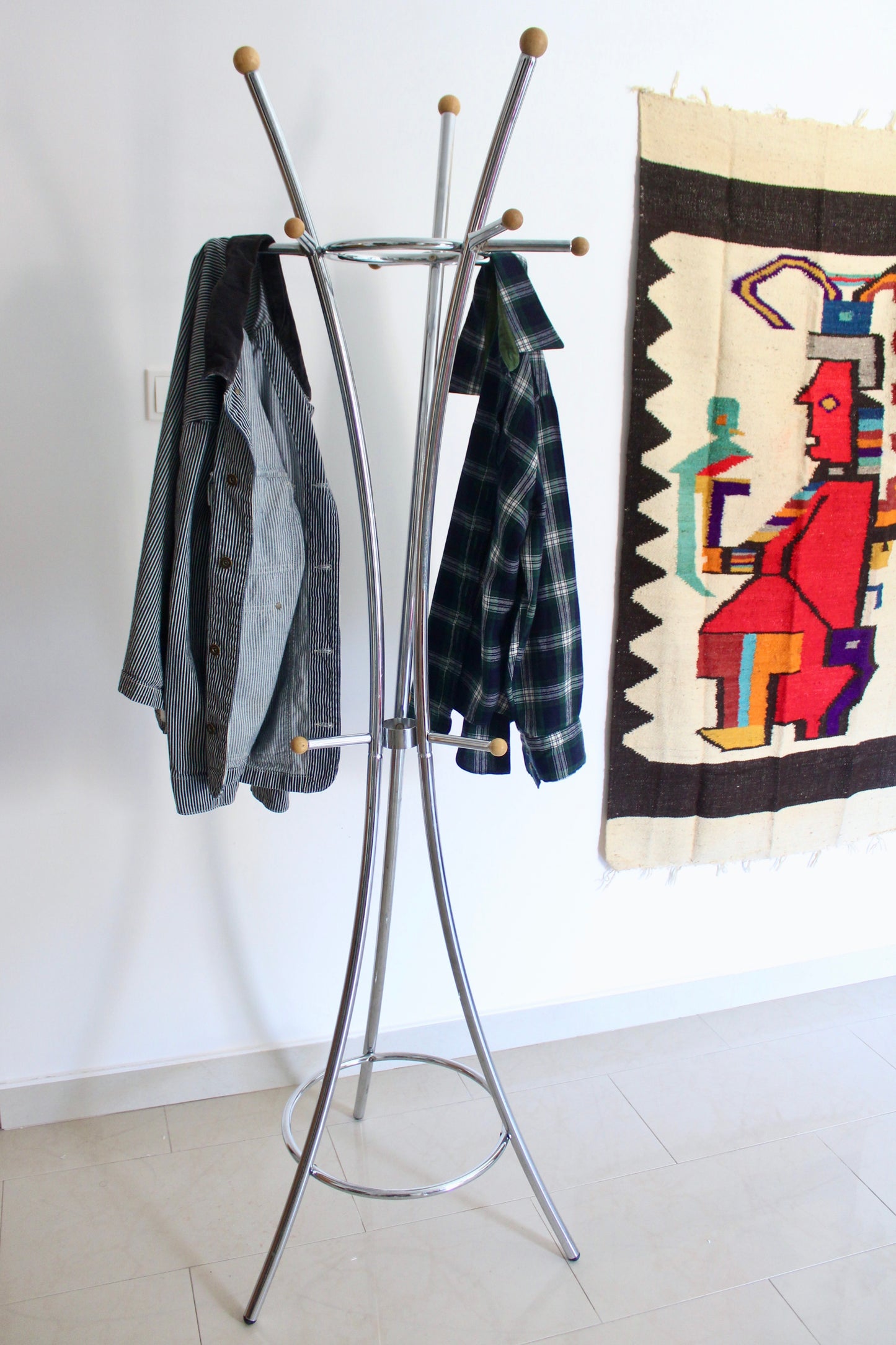 Late 1970s Chrome and Wood Postmodern Coat Rack
