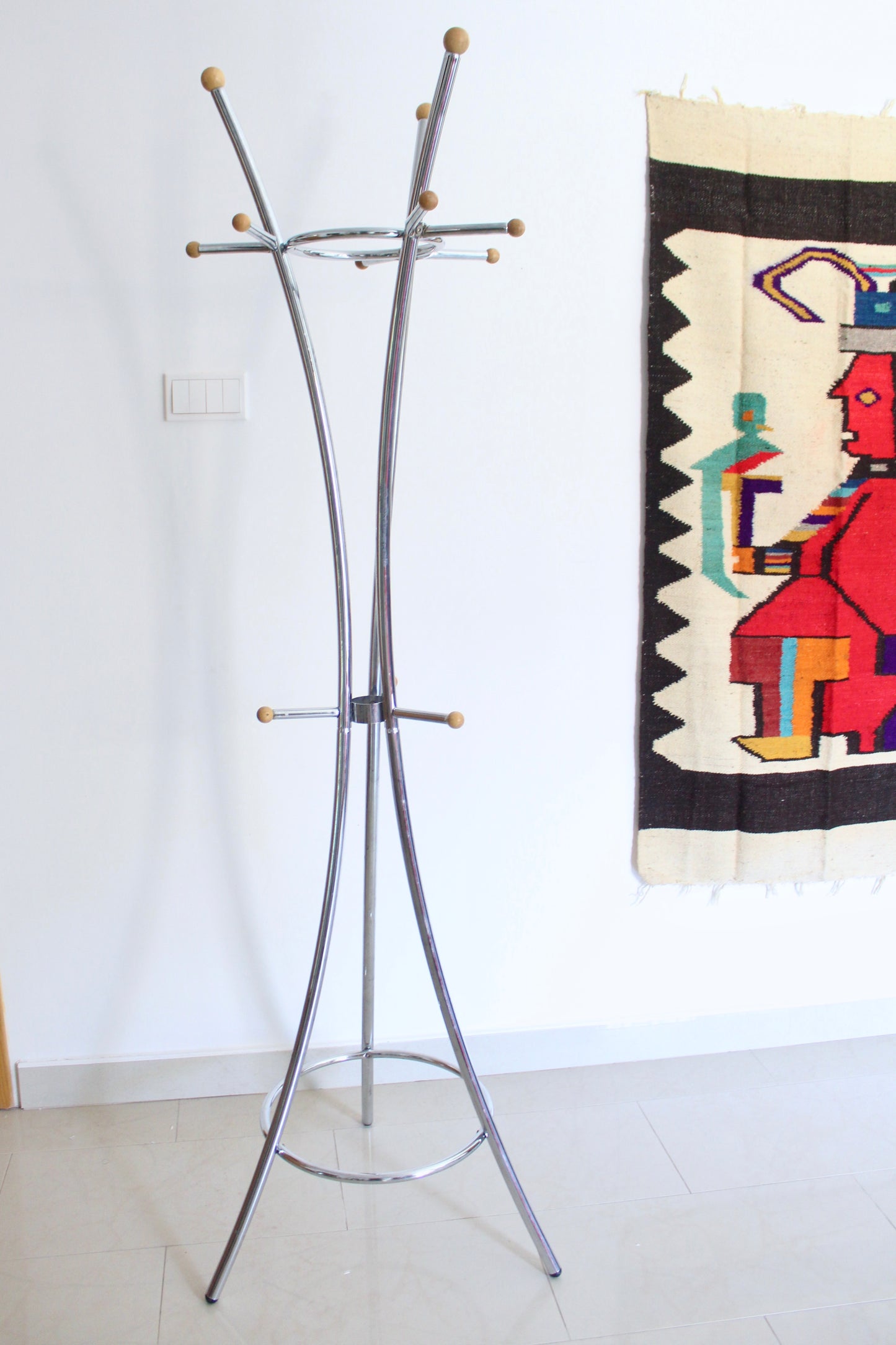 Late 1970s Chrome and Wood Postmodern Coat Rack