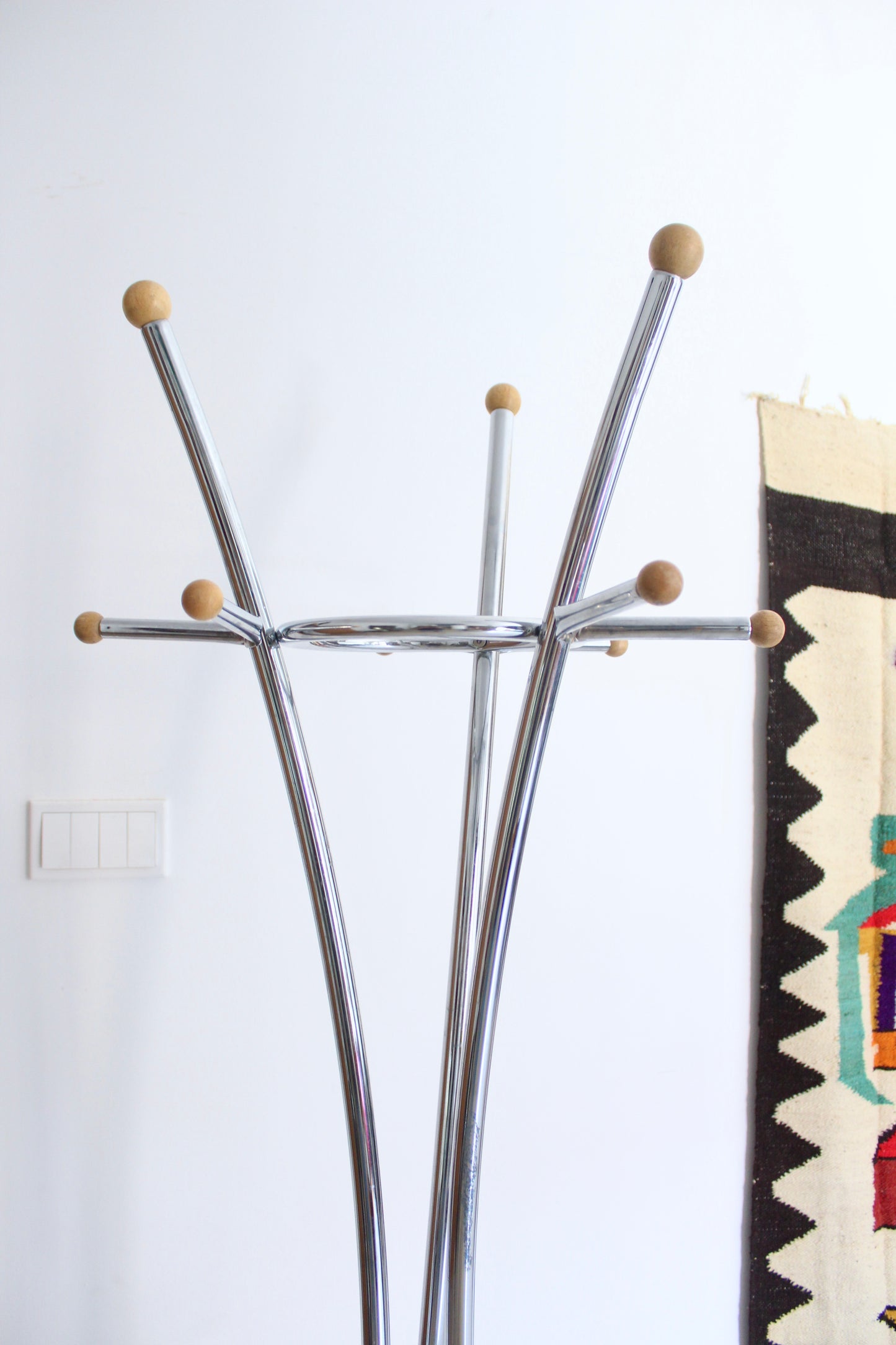 Late 1970s Chrome and Wood Postmodern Coat Rack