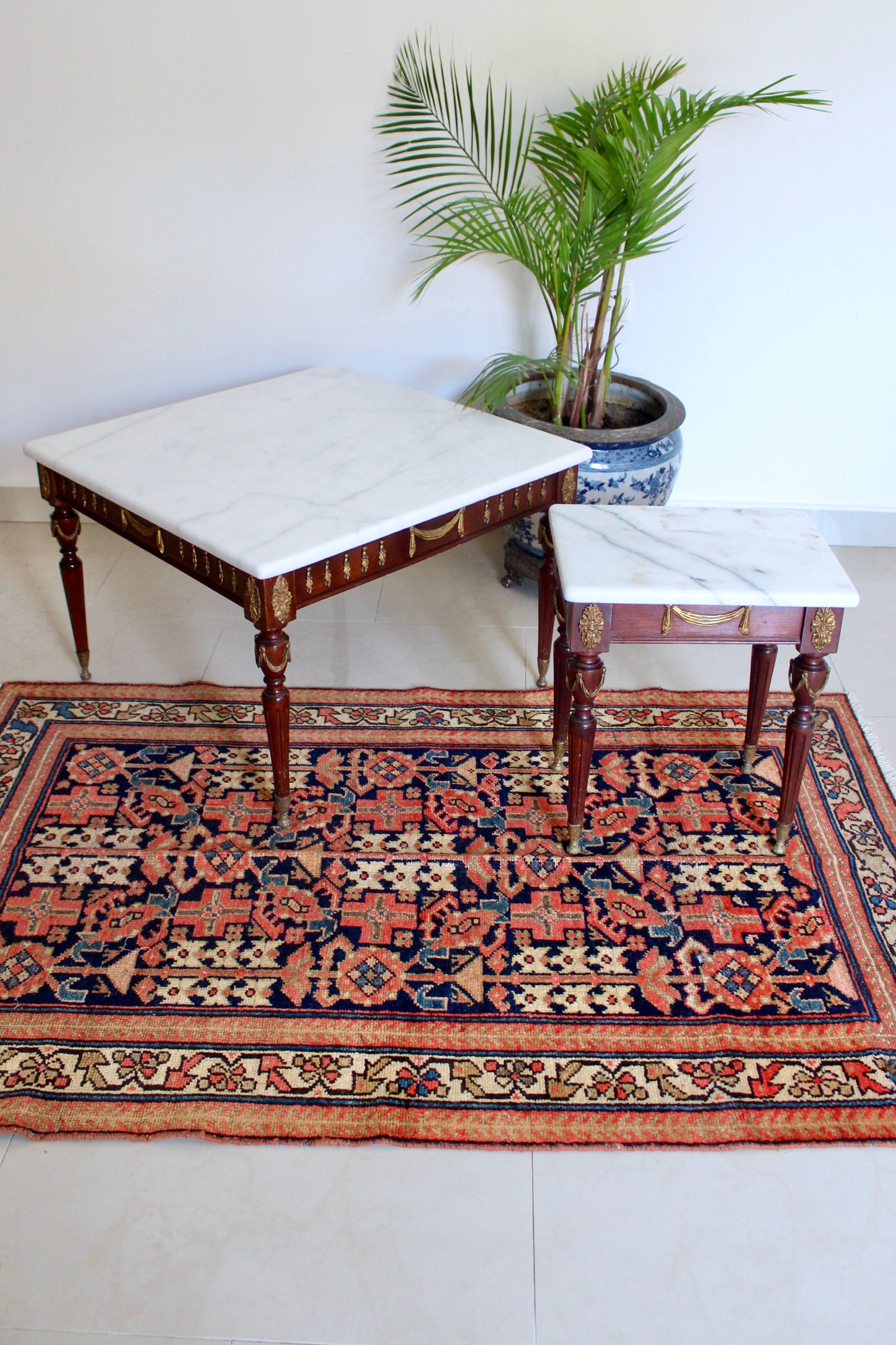 Vintage Spanish Neoclassical Marble Top Accent Tables, Mid-Century Louis XVI Style