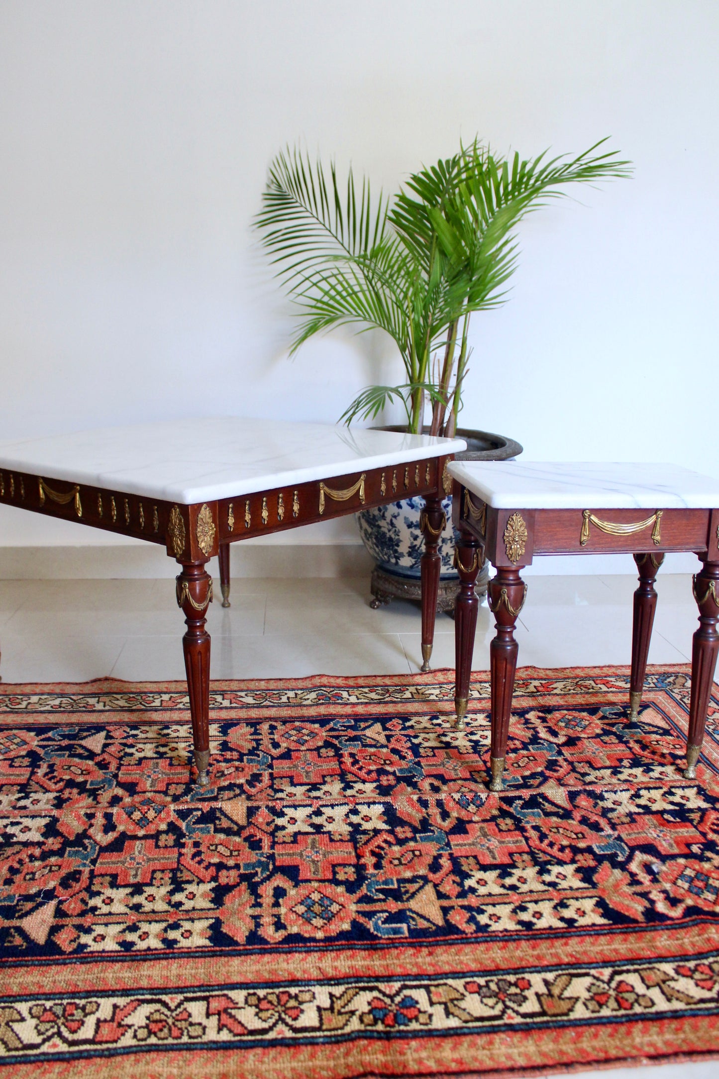 Vintage Spanish Neoclassical Marble Top Accent Tables, Mid-Century Louis XVI Style