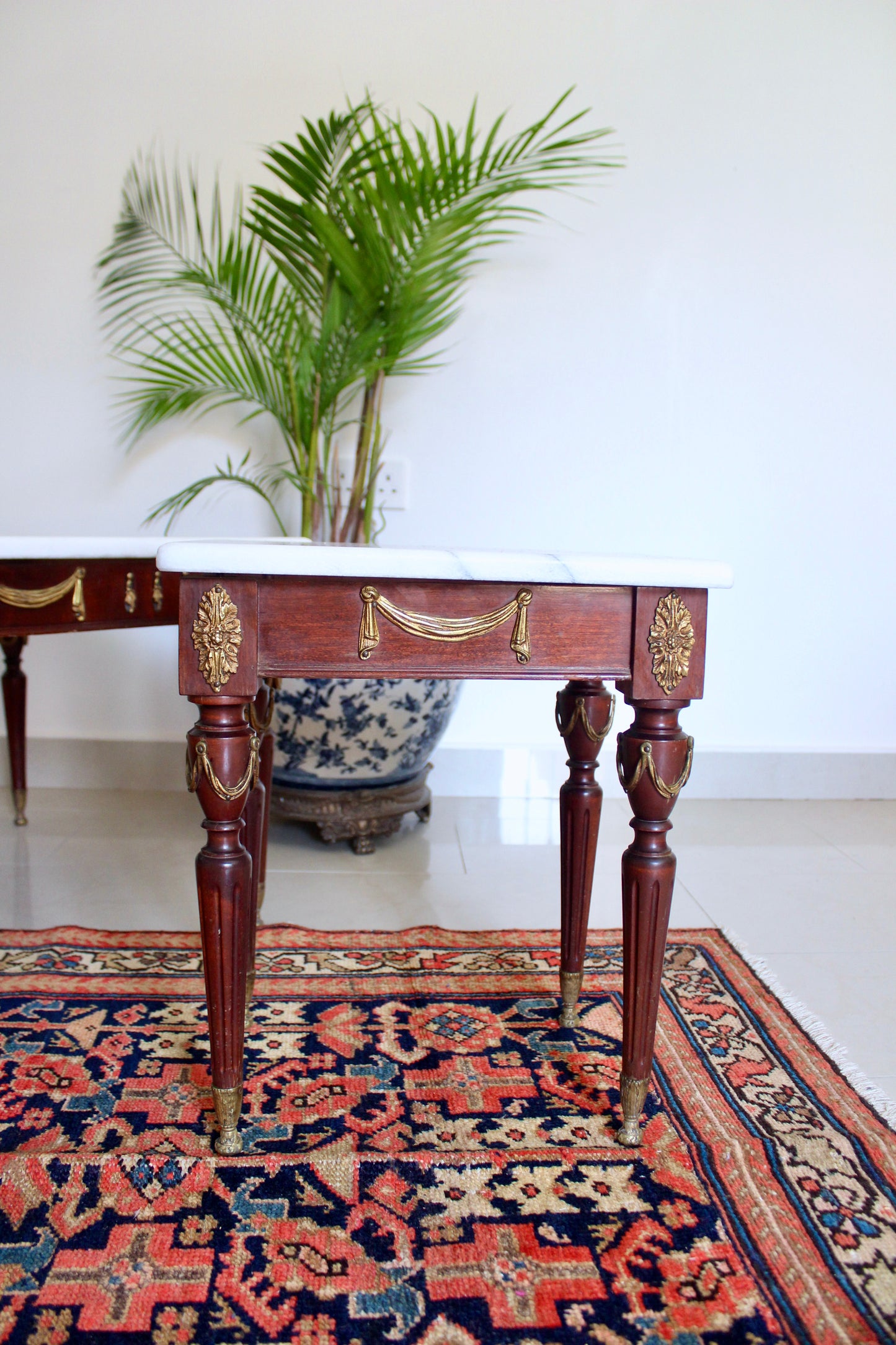 Vintage Spanish Neoclassical Marble Top Accent Tables, Mid-Century Louis XVI Style