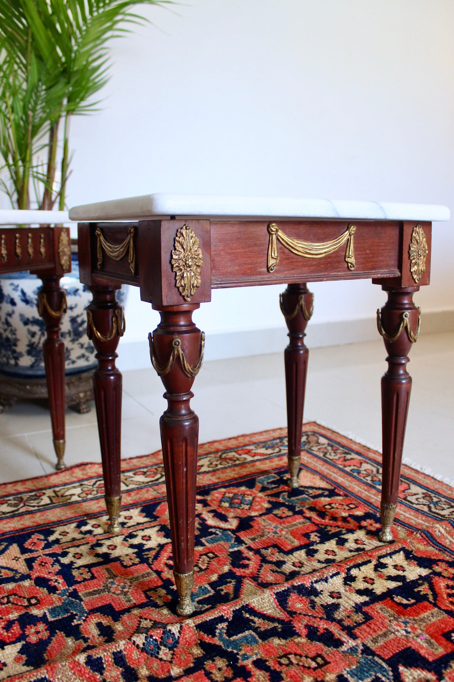 Vintage Spanish Neoclassical Marble Top Accent Tables, Mid-Century Louis XVI Style