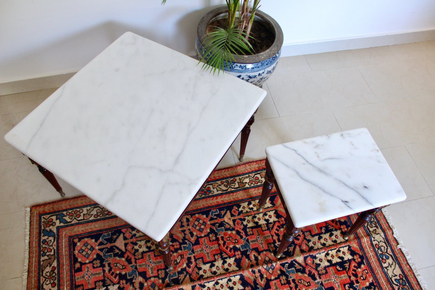 Vintage Spanish Neoclassical Marble Top Accent Tables, Mid-Century Louis XVI Style