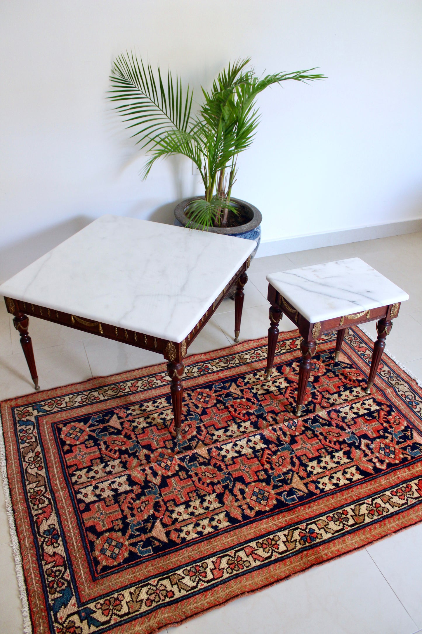 Vintage Spanish Neoclassical Marble Top Accent Tables, Mid-Century Louis XVI Style