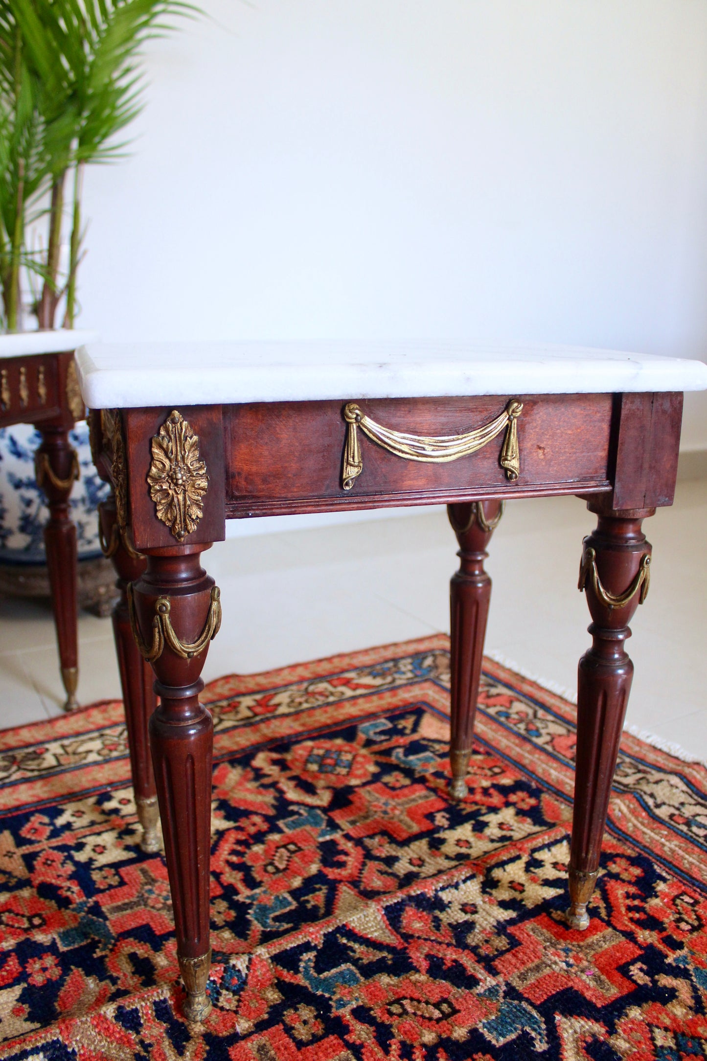 Vintage Spanish Neoclassical Marble Top Accent Tables, Mid-Century Louis XVI Style