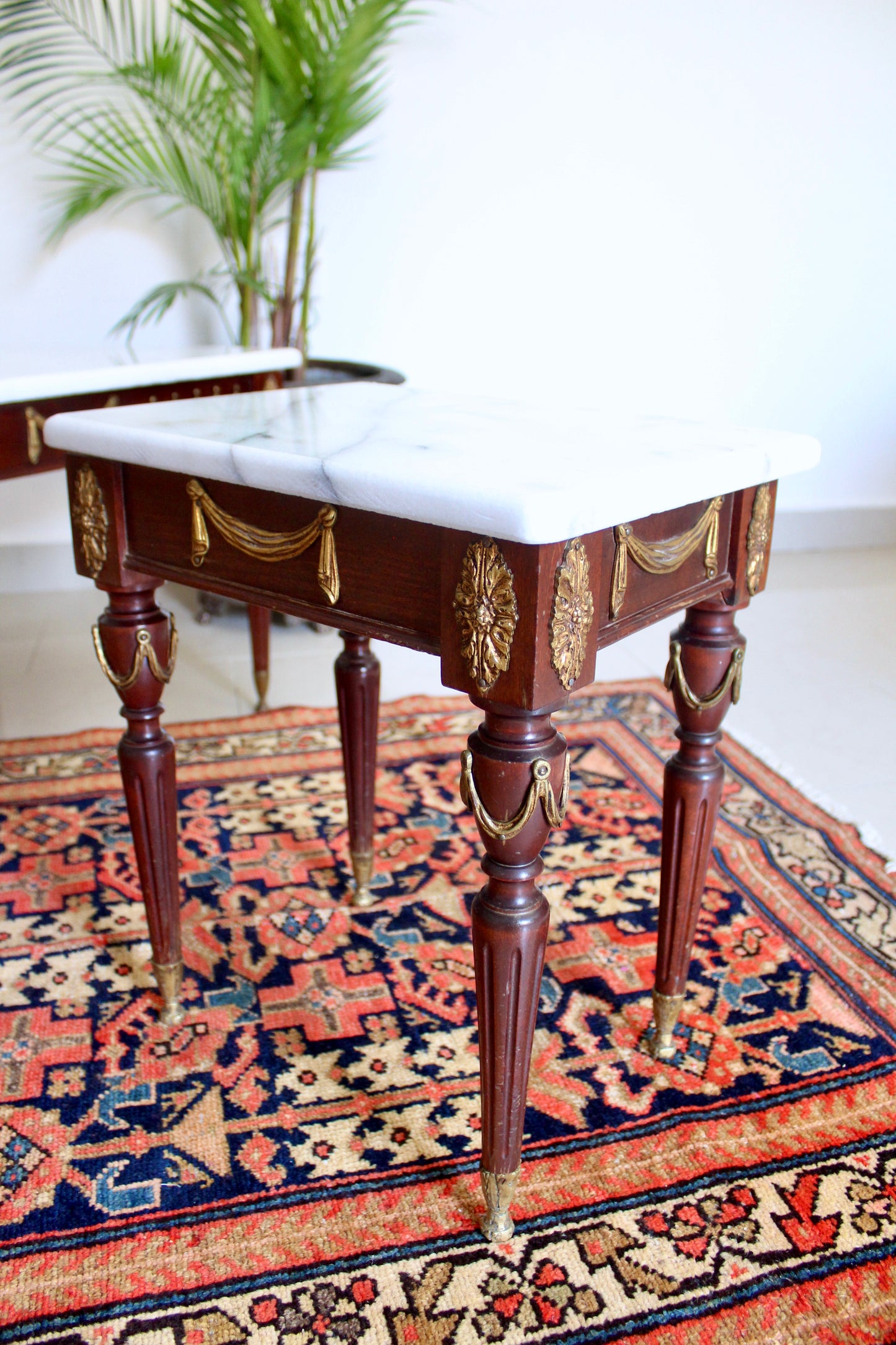 Vintage Spanish Neoclassical Marble Top Accent Tables, Mid-Century Louis XVI Style