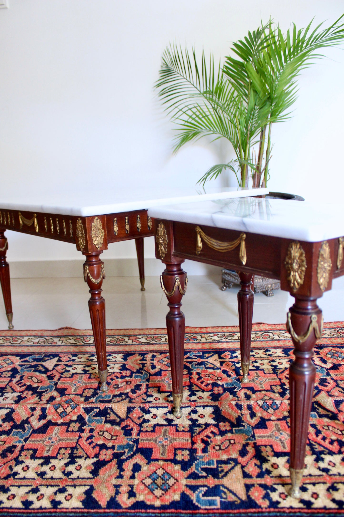 Vintage Spanish Neoclassical Marble Top Accent Tables, Mid-Century Louis XVI Style