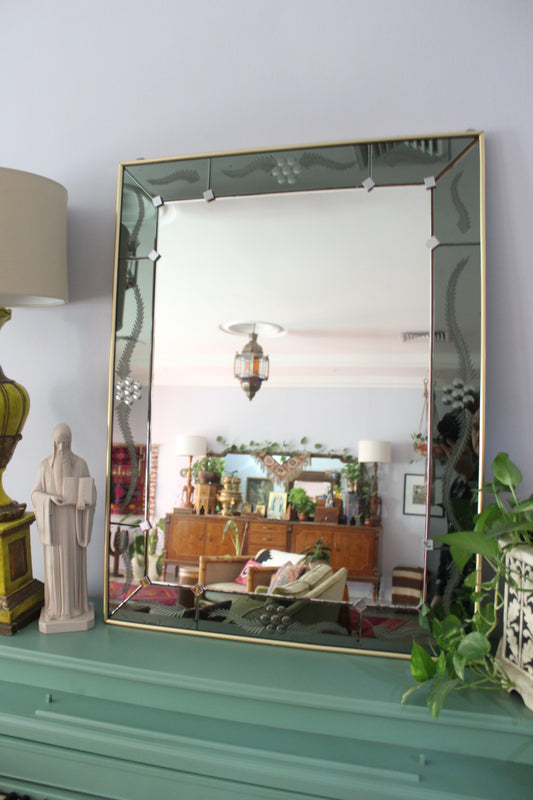 Mid-Century Italian Venetian Etched Mirror with Smoked Glass Border