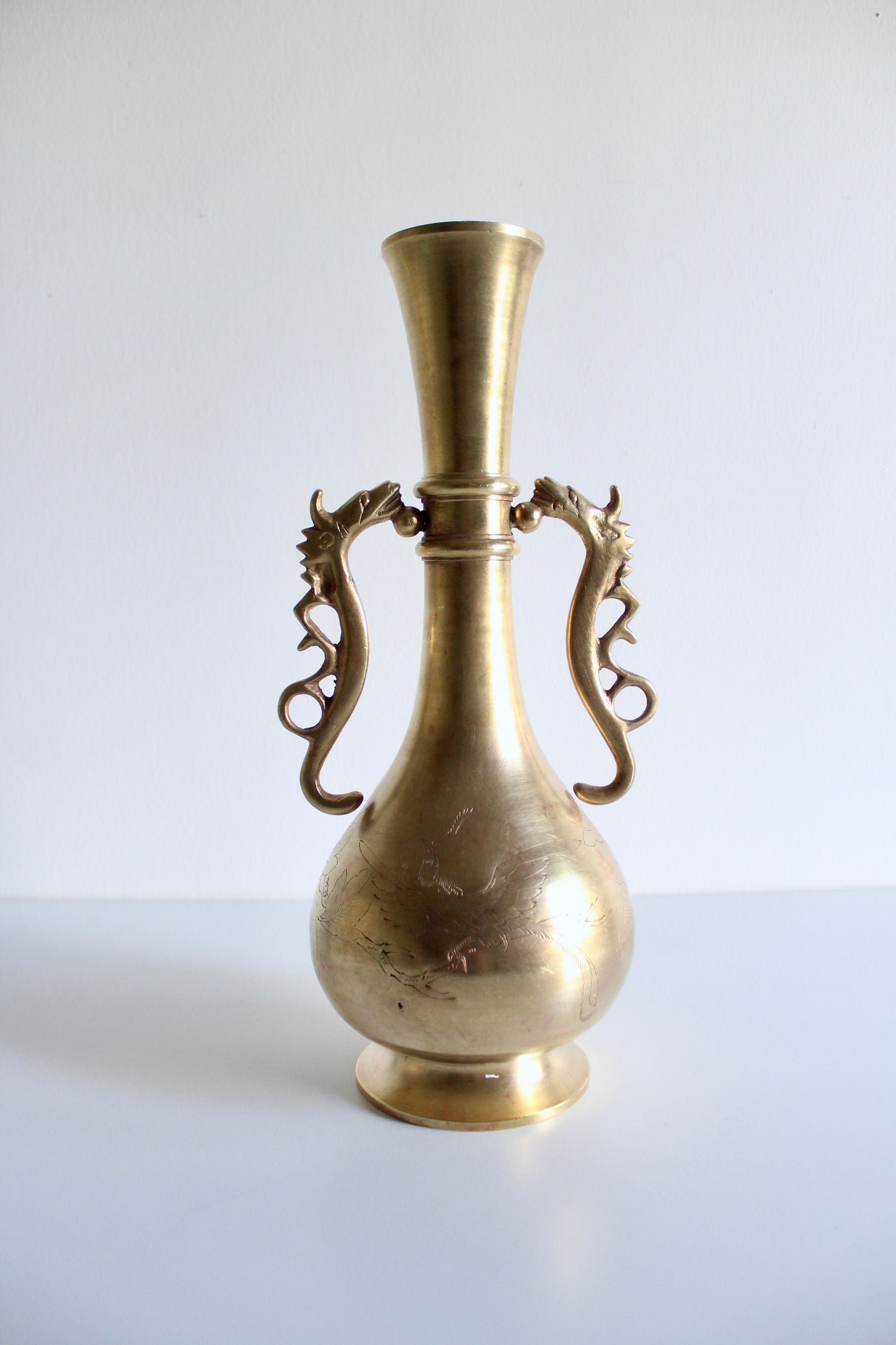 Mid-Century Chinoiserie Brass Vase with Dragon Handles