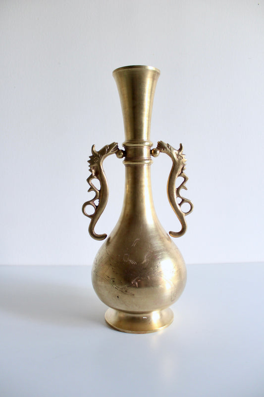 Mid-Century Chinoiserie Brass Vase with Dragon Handles