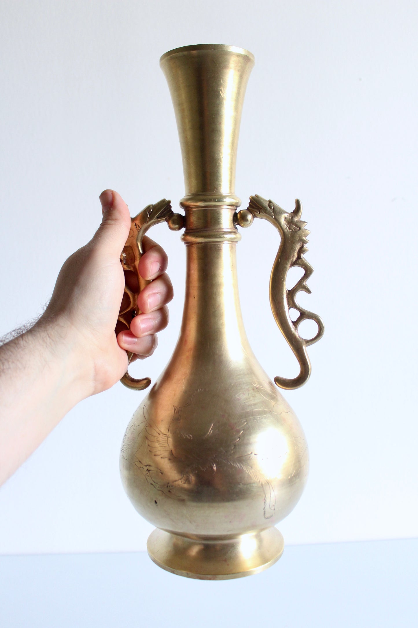 Mid-Century Chinoiserie Brass Vase with Dragon Handles
