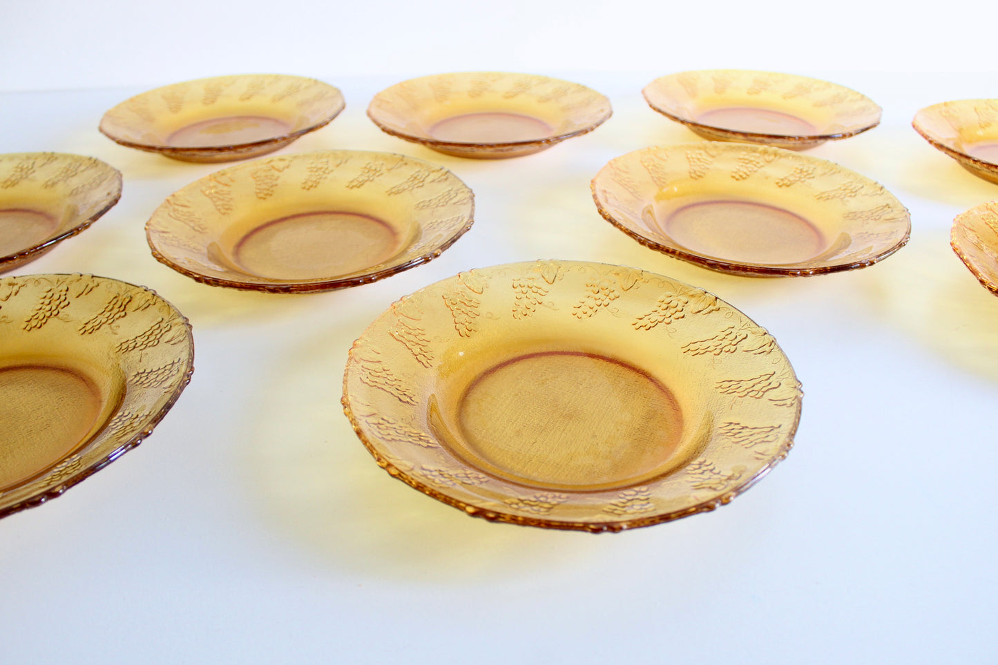 Set of 10 Vintage Amber Pressed Glass Plates