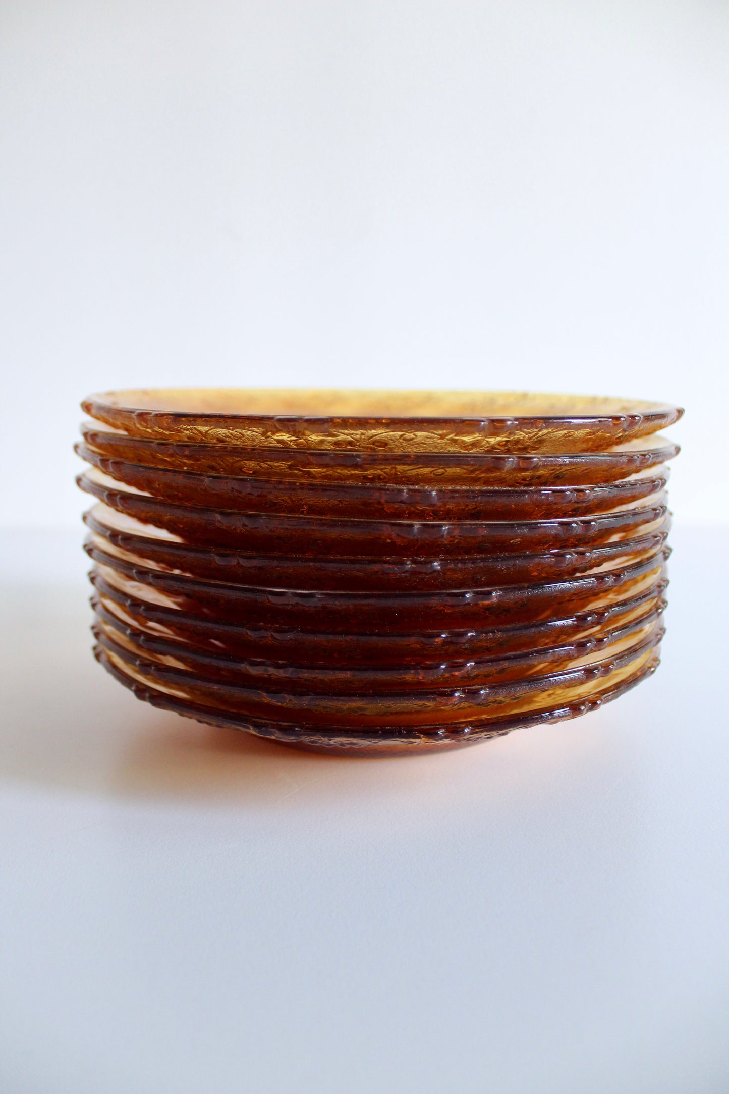 Set of 10 Vintage Amber Pressed Glass Plates