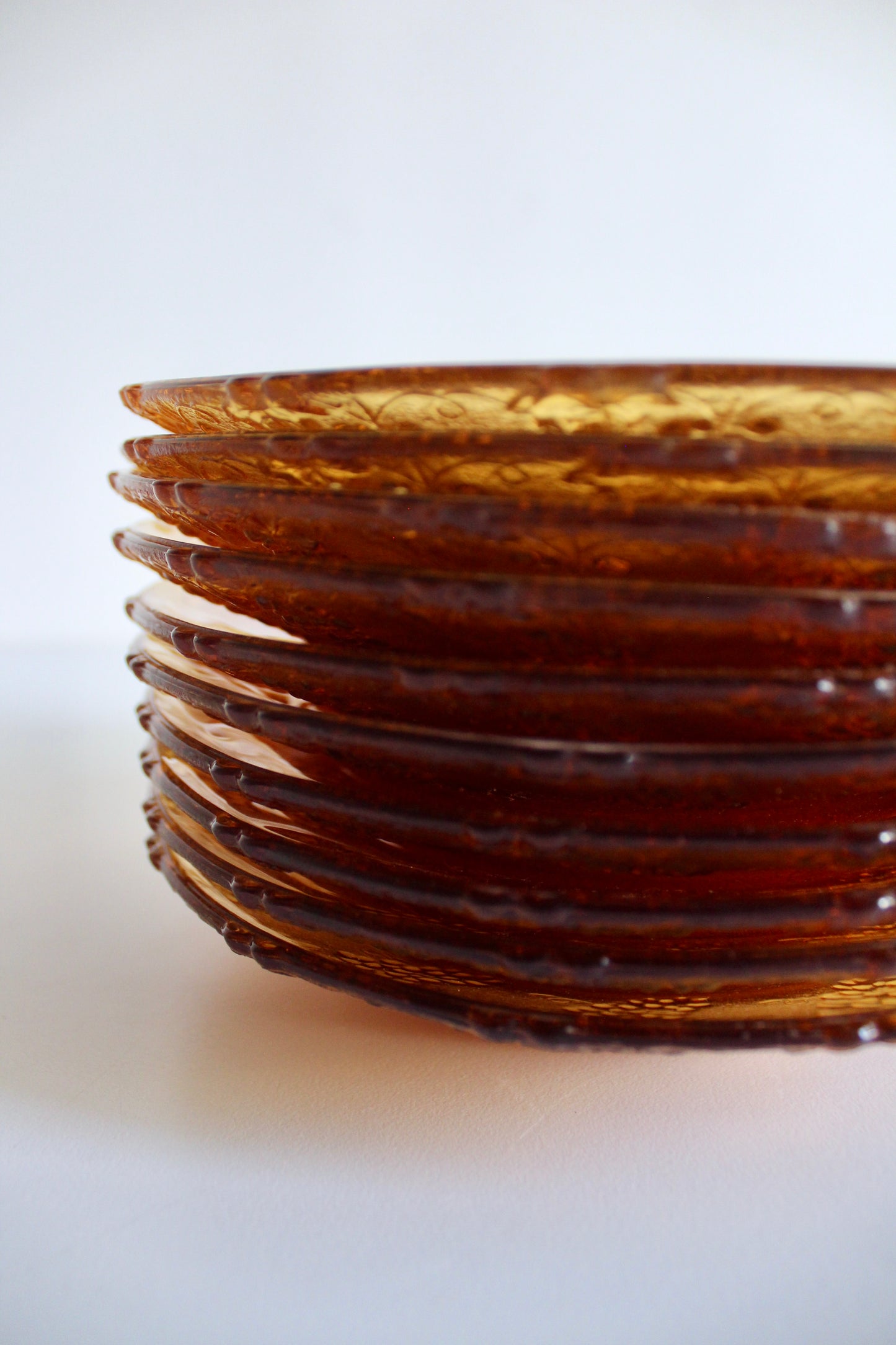 Set of 10 Vintage Amber Pressed Glass Plates
