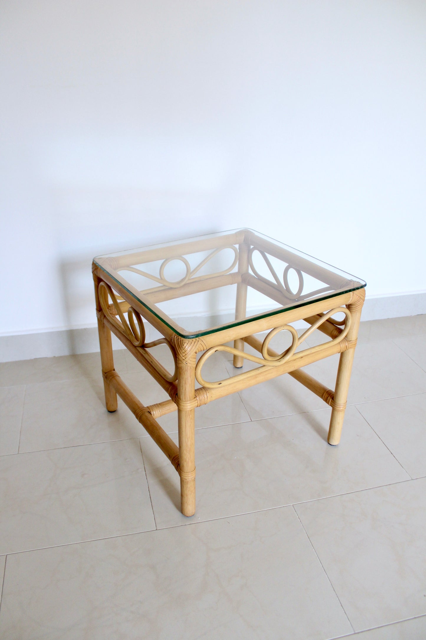 Vintage Bamboo Side Table w/ Glass Top