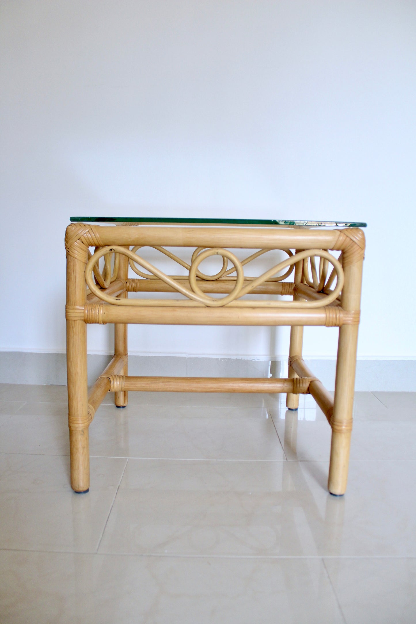 Vintage Bamboo Side Table w/ Glass Top