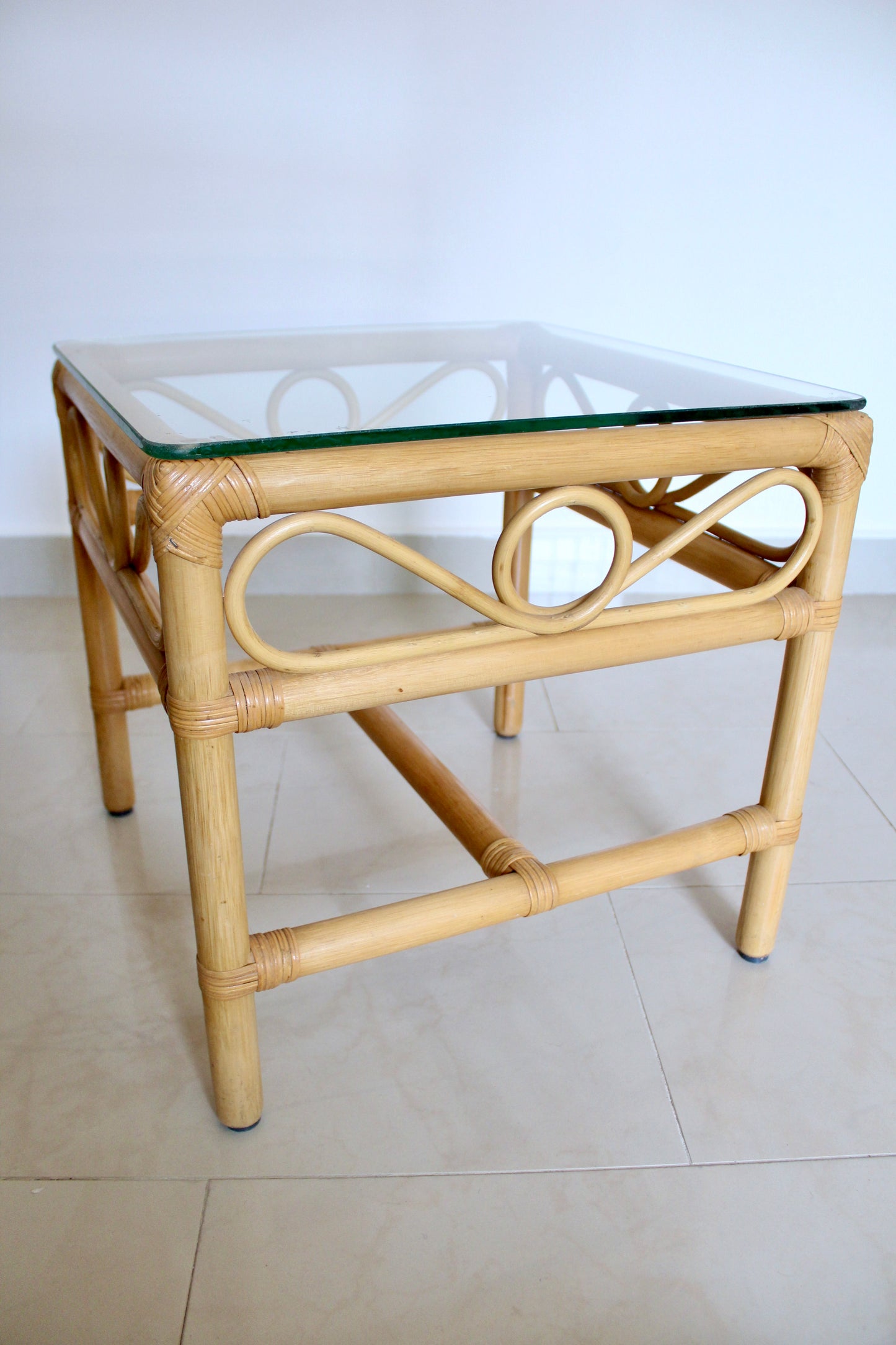 Vintage Bamboo Side Table w/ Glass Top
