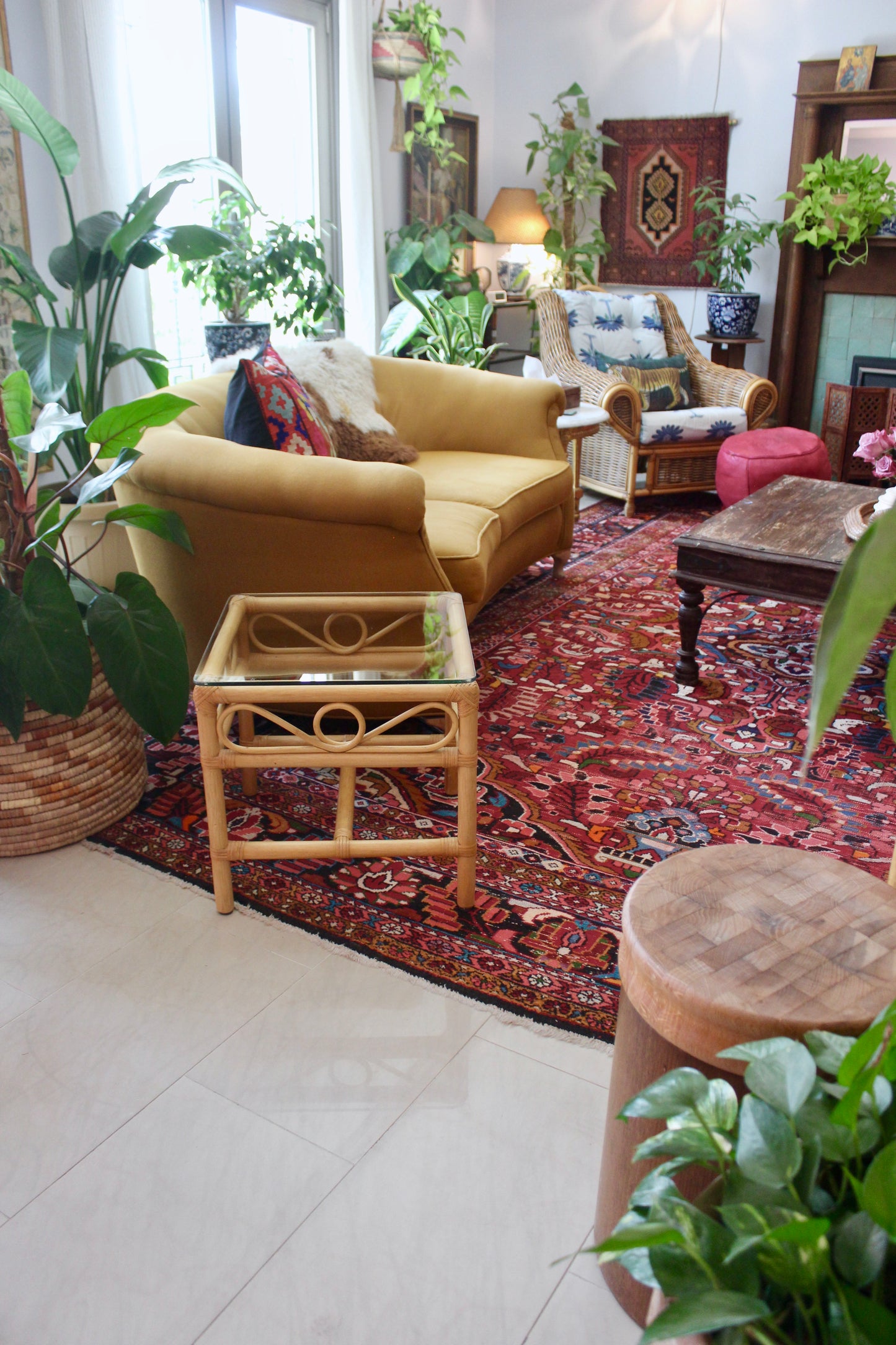 Vintage Bamboo Side Table w/ Glass Top