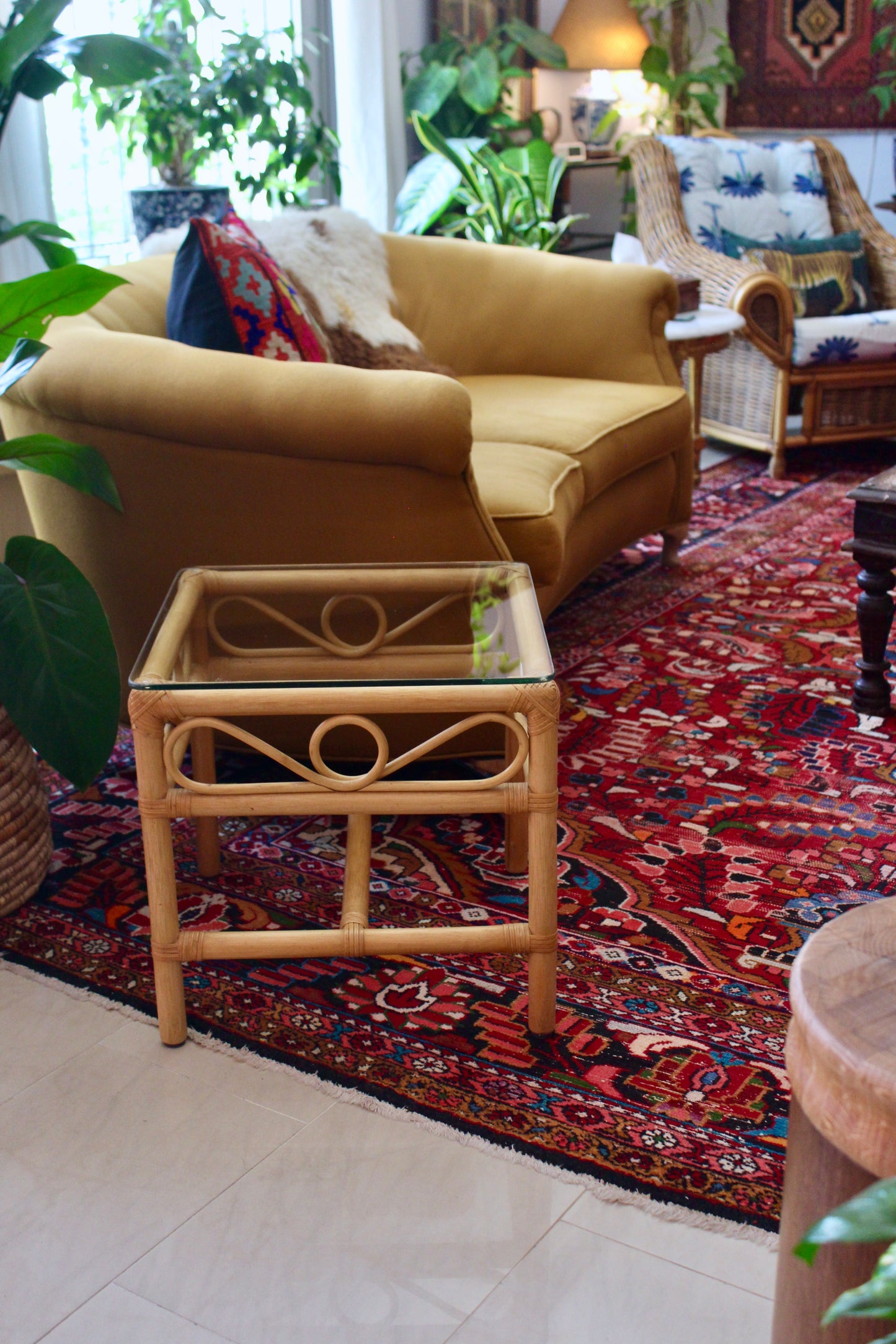 Vintage Bamboo Side Table w/ Glass Top