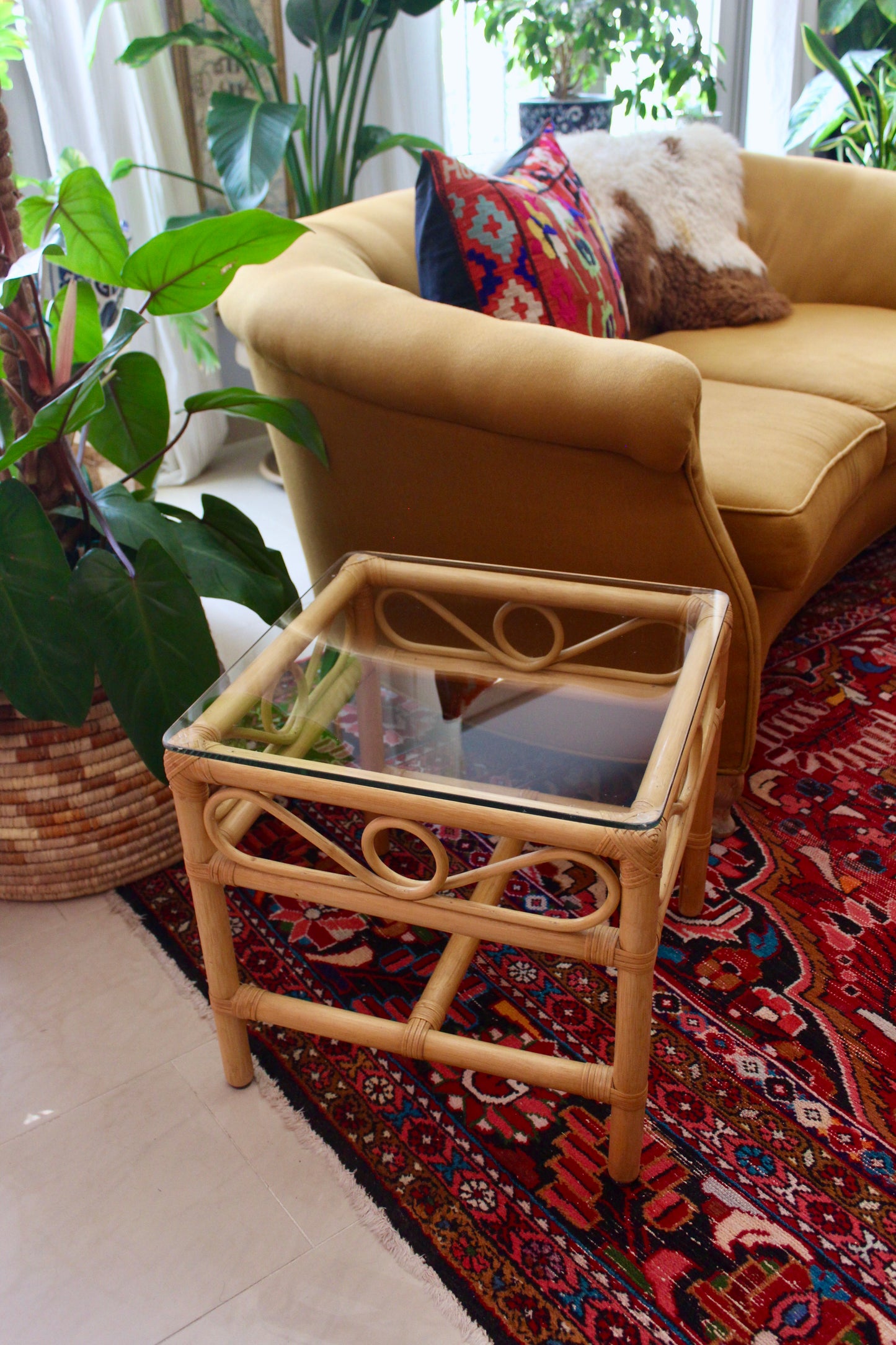 Vintage Bamboo Side Table w/ Glass Top