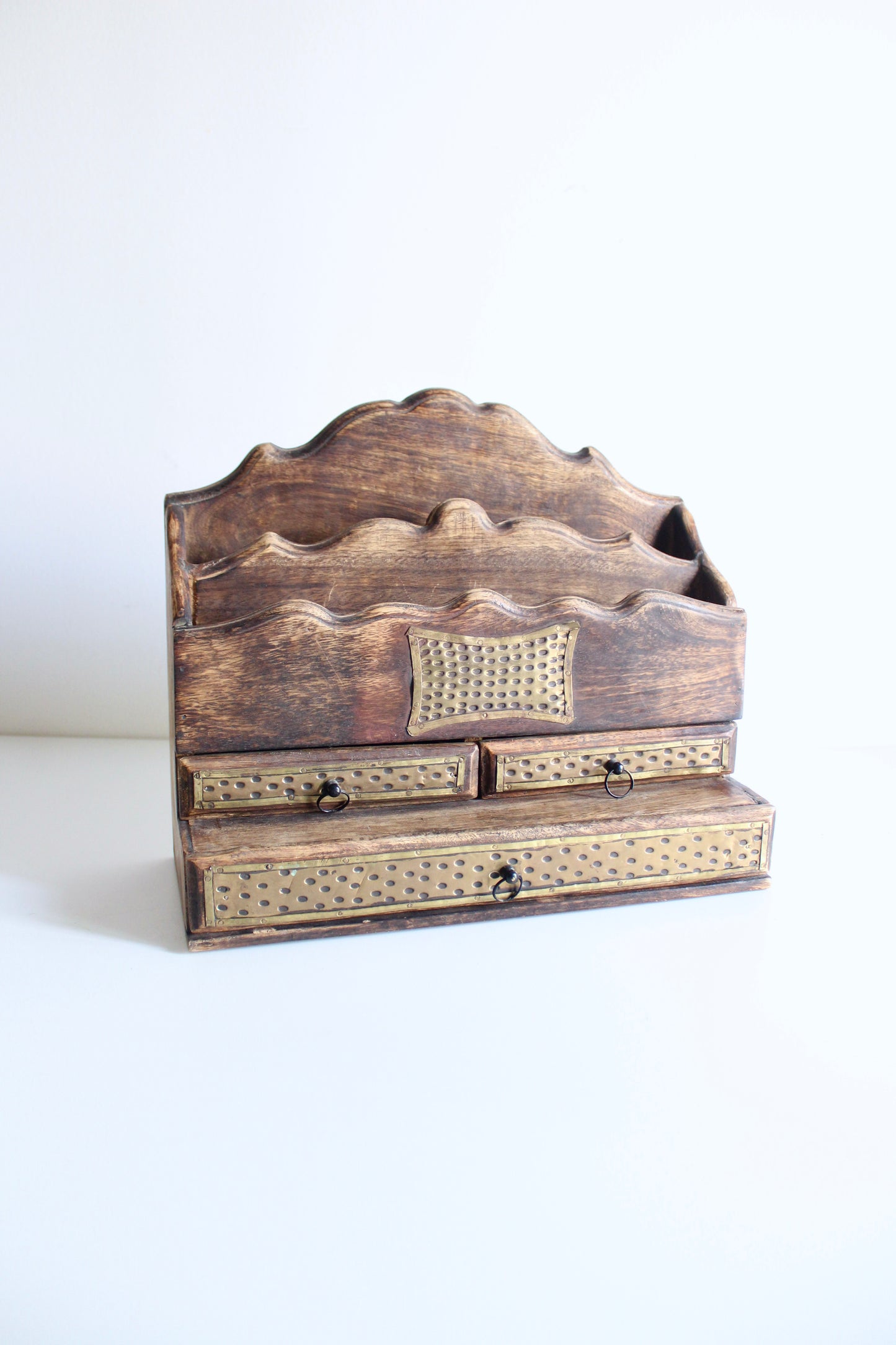 Indian Mango Wood Desk Organizer with Hammered Brass Drawers