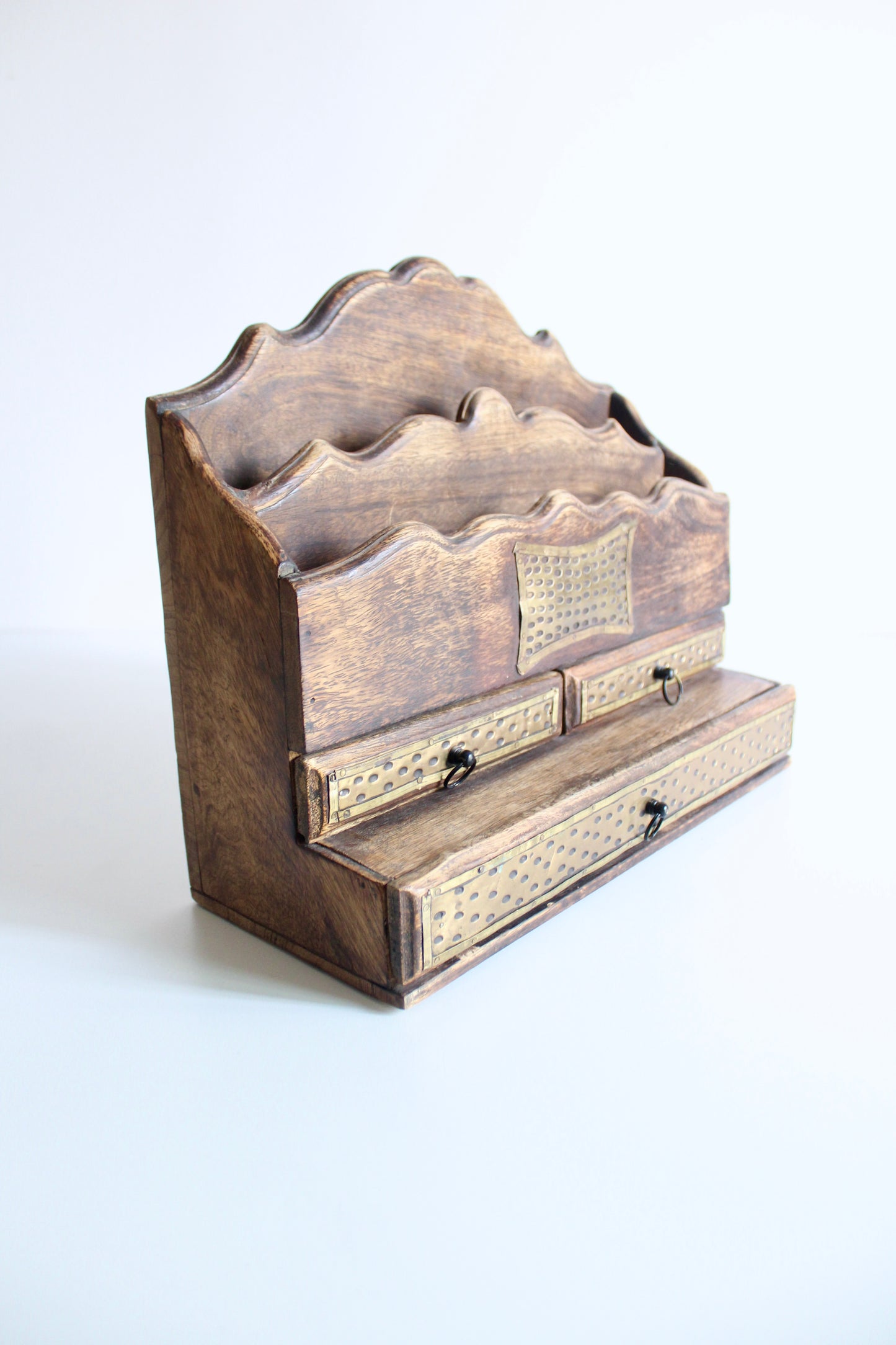 Indian Mango Wood Desk Organizer with Hammered Brass Drawers
