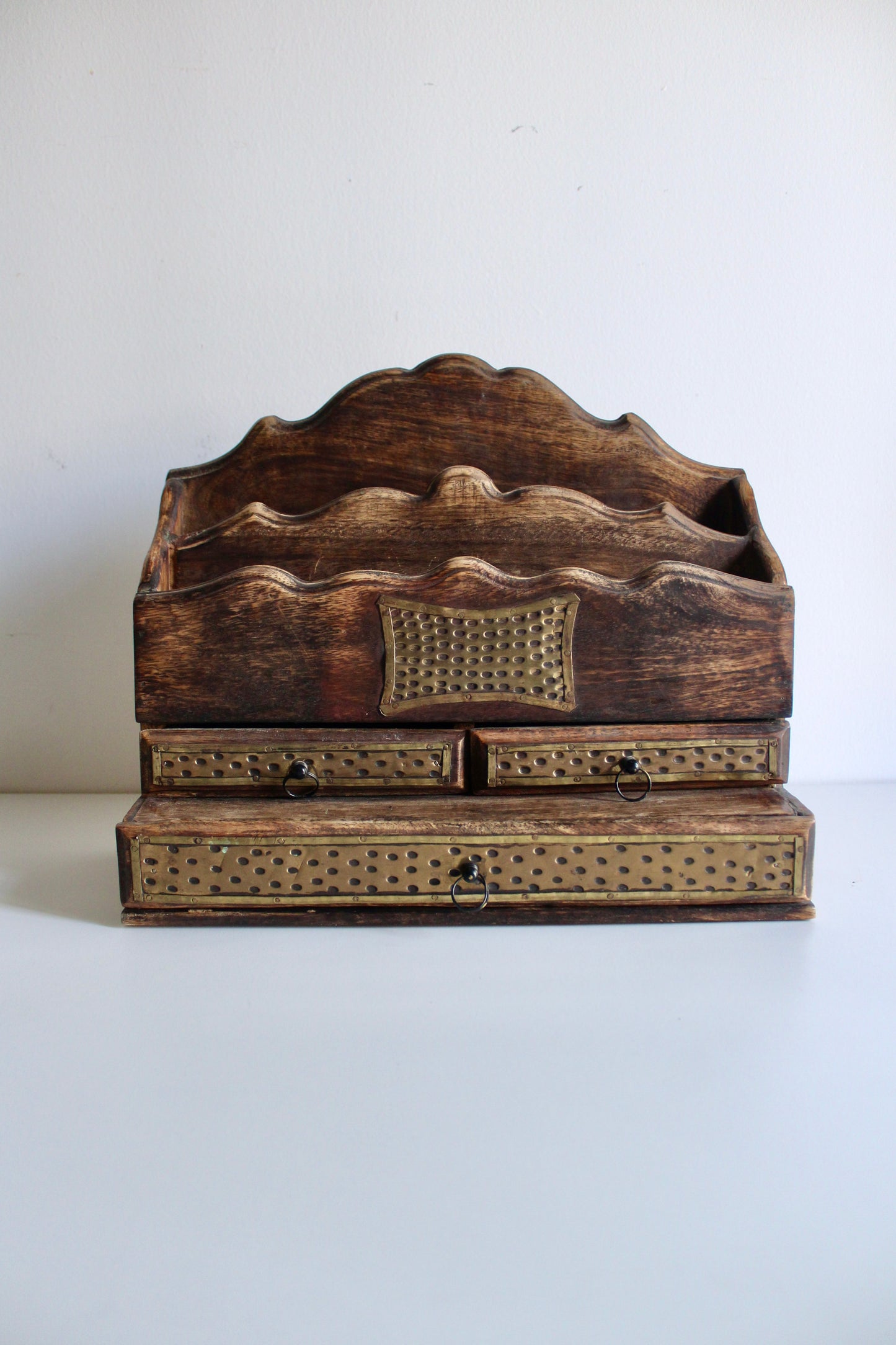 Indian Mango Wood Desk Organizer with Hammered Brass Drawers