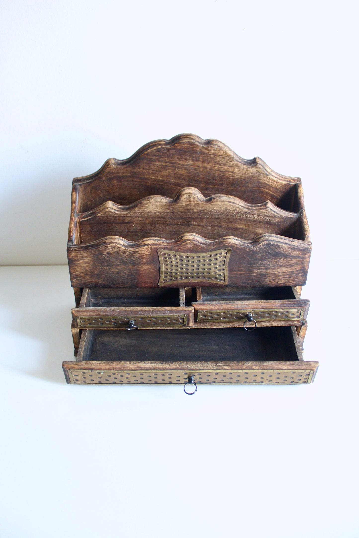 Indian Mango Wood Desk Organizer with Hammered Brass Drawers