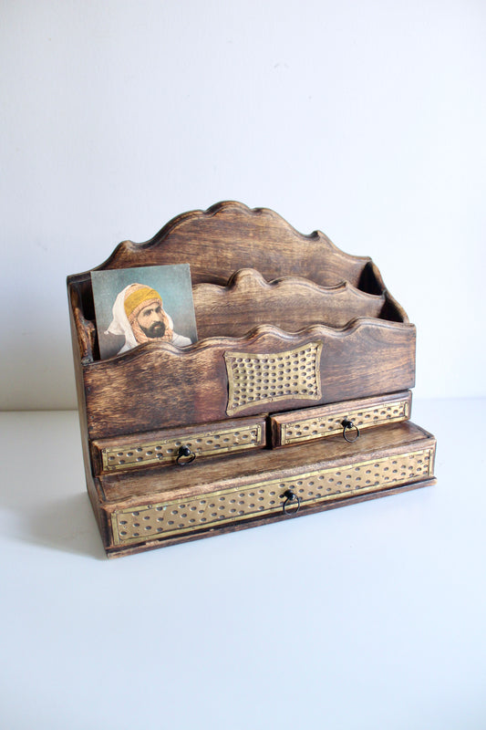 Indian Mango Wood Desk Organizer with Hammered Brass Drawers